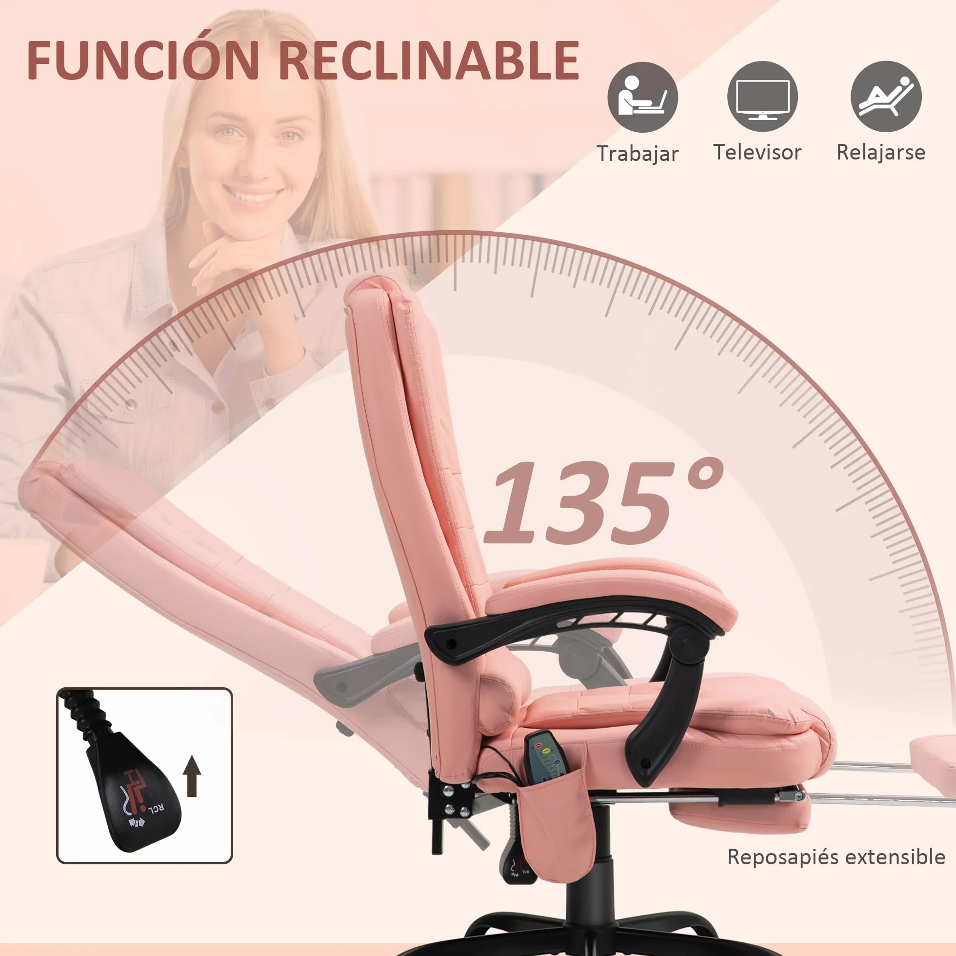 Vinsetto Silla de Oficina con 7 Puntos de Masaje Silla de Masaje Giratoria Silla de Escritorio con Reposapiés Retráctil Altura Ajustable Control Remoto y Tejido de PU Rosa