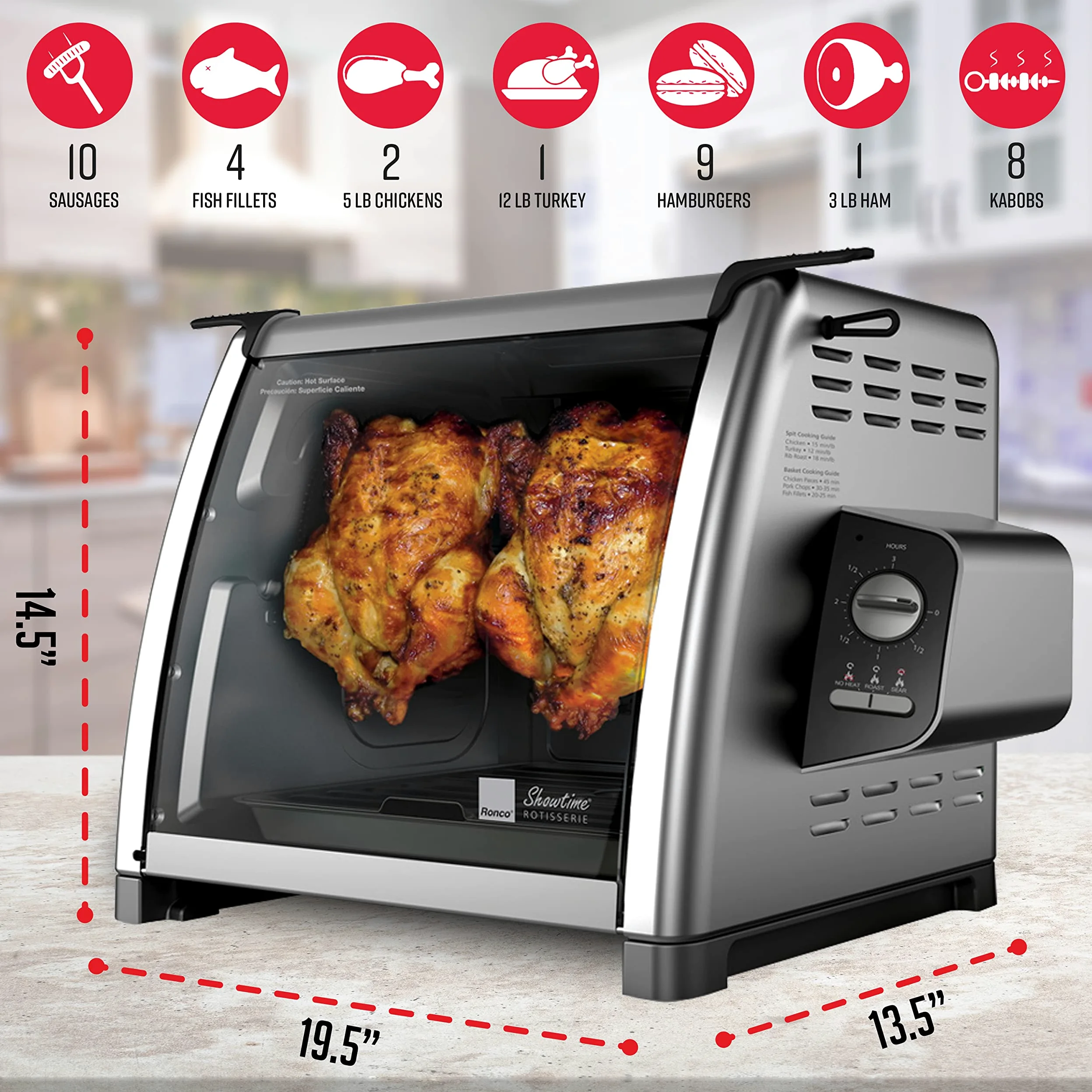 Ronco Modern Asador Horno de gran capacidad (12 libras), cesta multiusos para cocinar versátil, controles fáciles de usar