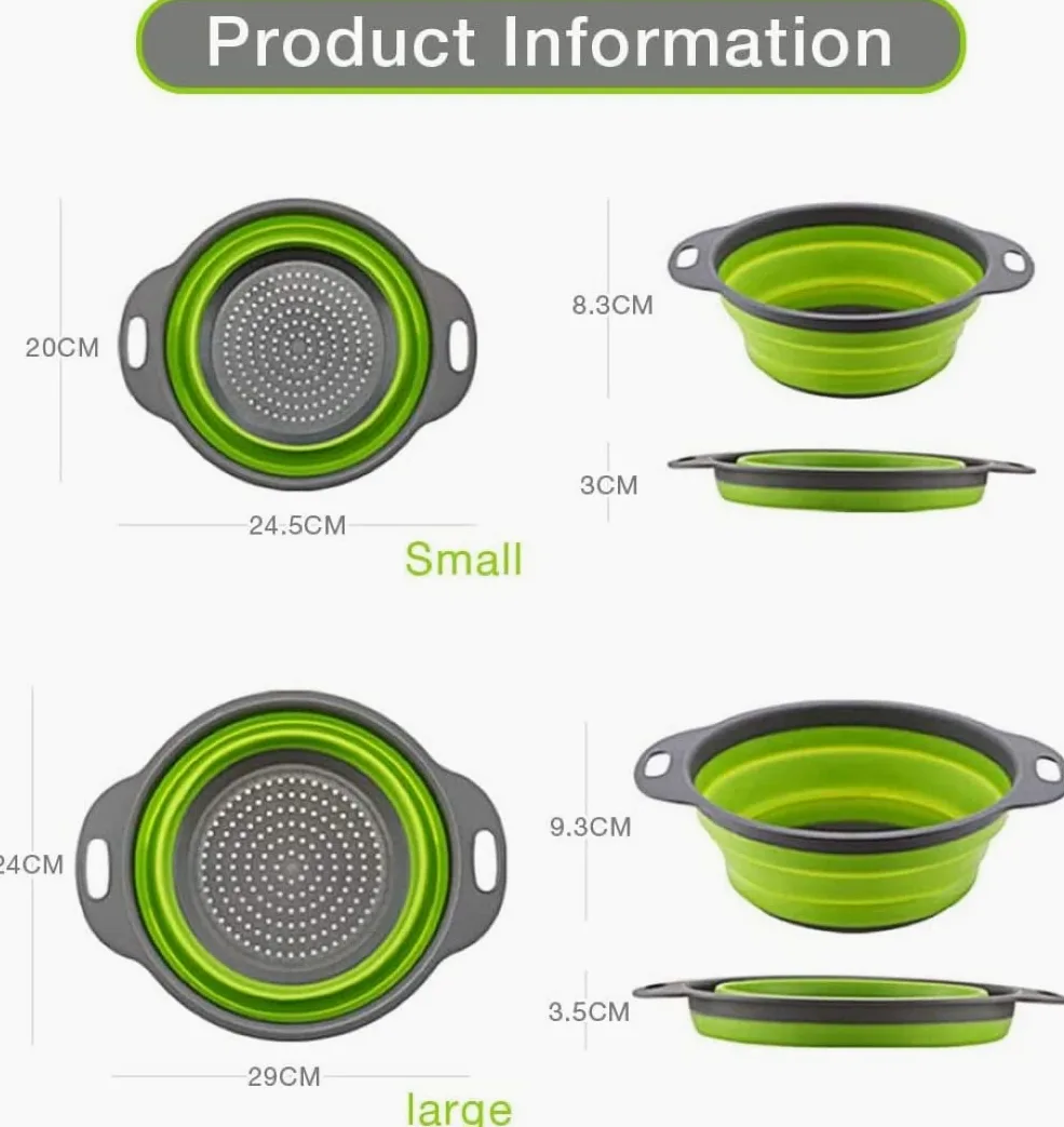 Juego de 2 coladores plegables redondos de silicona para fregadero de cocina y cesta de frutas, 1 grande y 1 pequeño, perfecto para escurrir pasta, verduras y frutas, artículos esenciales para el
