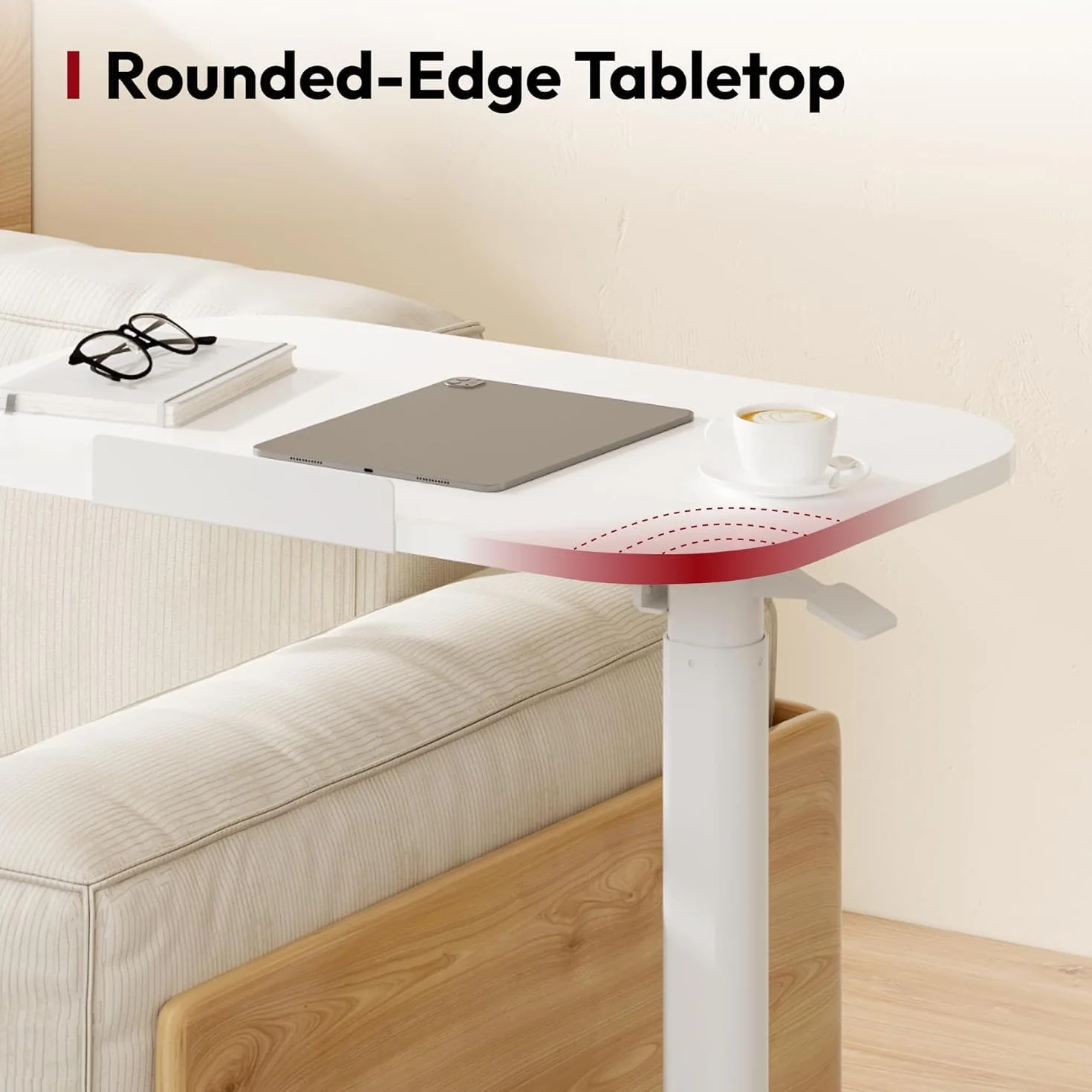 SANODESK Mesa Auxiliar con Ruedas para Ordenador, Altura Ajustable, con Soporte para Bebidas, para Cama y Sofá, Móvil y Multifuncional, Color Blanco