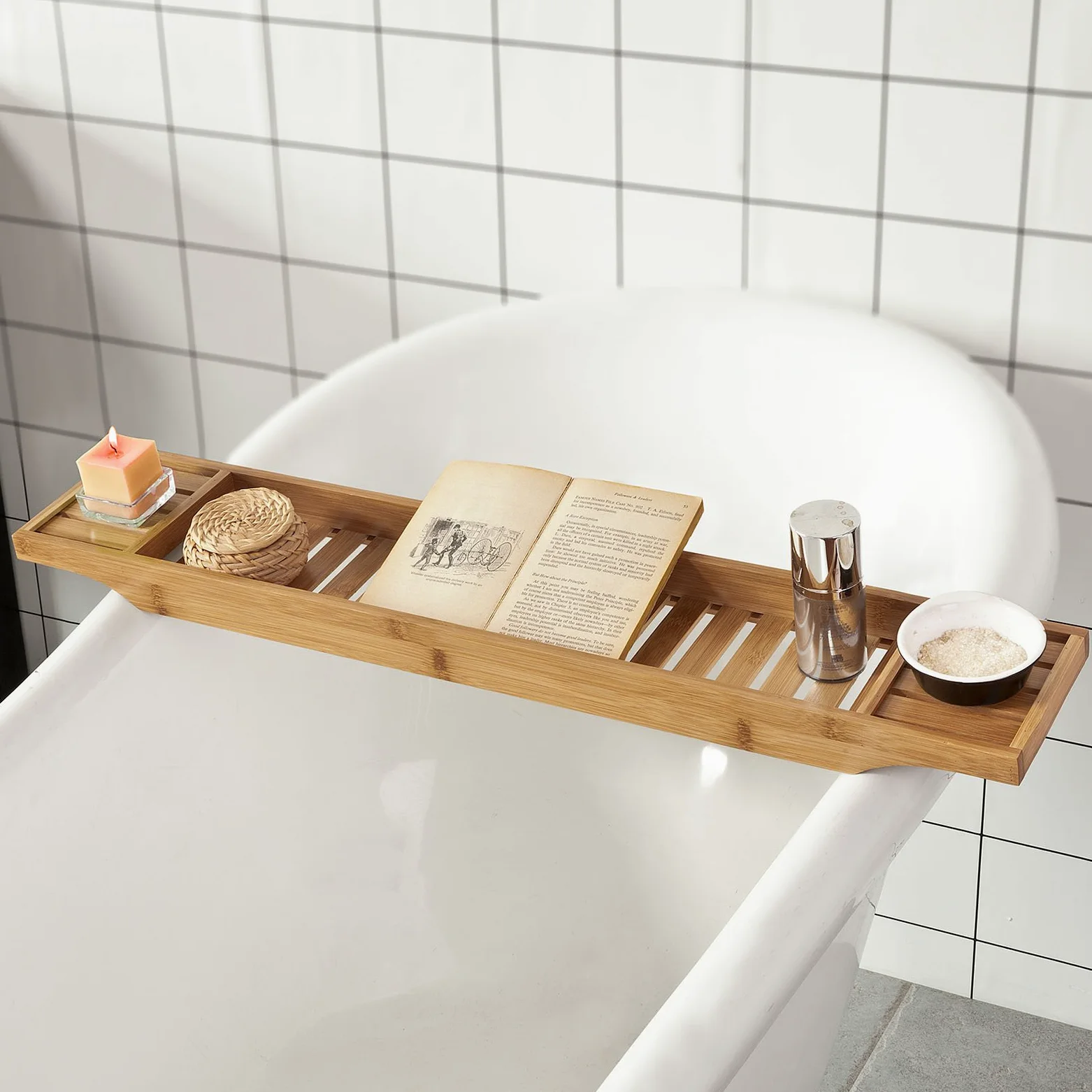 SoBuy FRG212-N,ES Bandeja de Bambú para Bañera,Estante de Baño,L80cm,con Soporte para Libro, iPad y Móvil