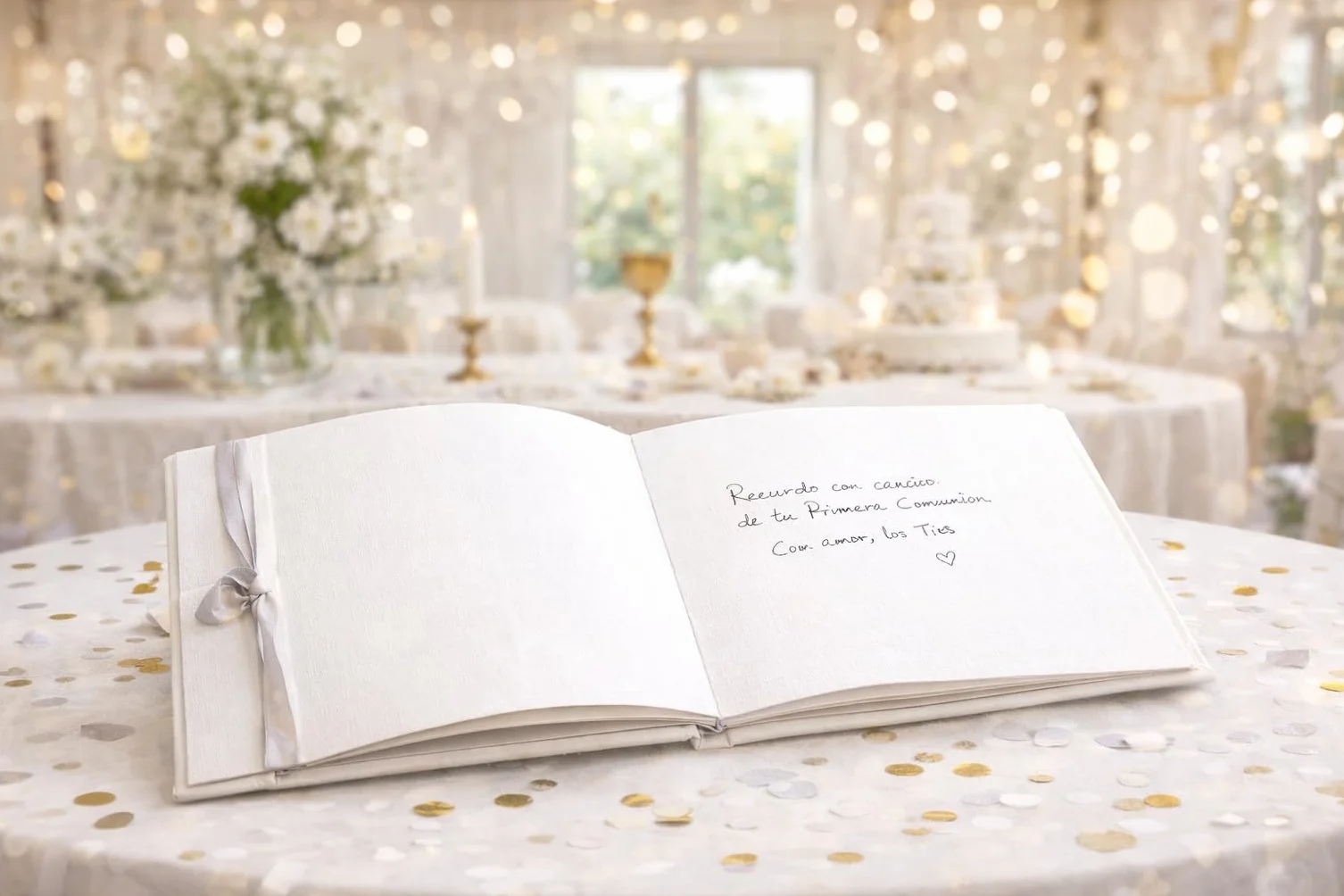 Libro de Firmas Comunión Niño – Álbum de Recuerdos con Portada Acolchada en Guaflex Blanco Elegante, Lazo Plateado, Papel 160 g, 64 Páginas, 27,5 x 23 cm – Presentación en Caja Transparente