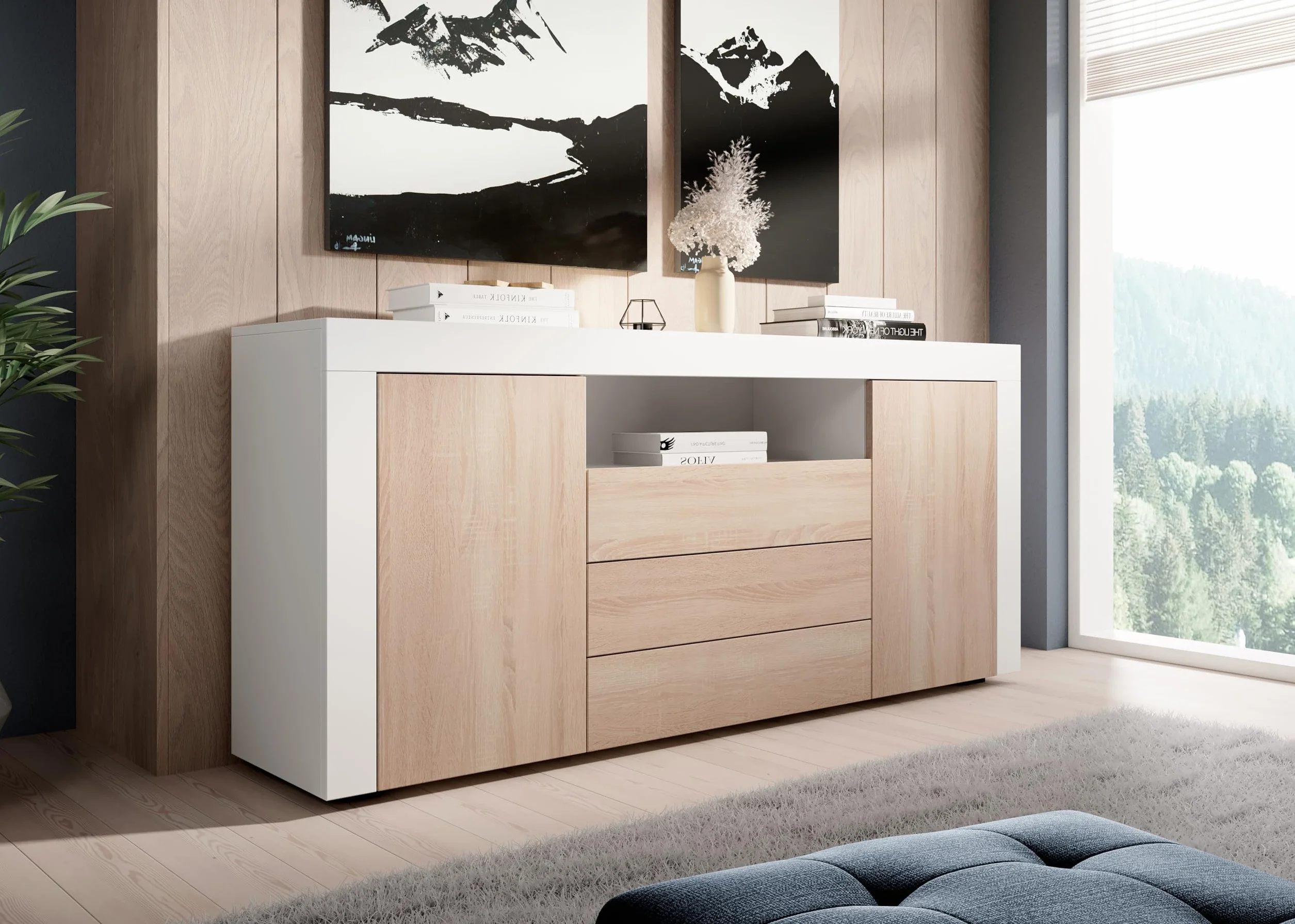 MB Muebles Bonitos | Aparador con Puertas y cajones Yanis para Salón Comedor Moderno | Melamina Mate | Color Blanco y Sonoma | 160x72x35 cm