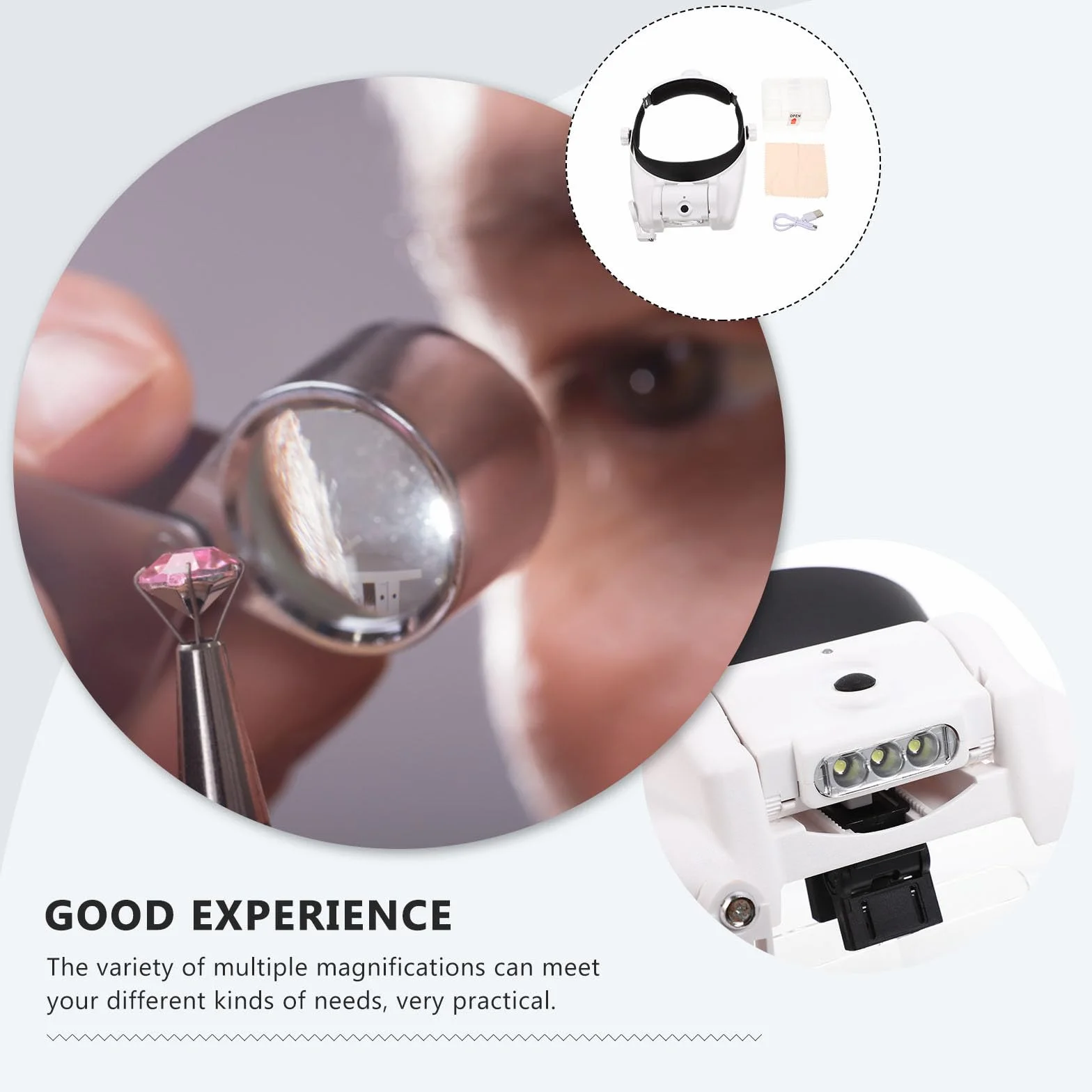 ULTECHNOVO Lupa Montada Cabeza Diseño Cómodo de Plástico y Vidrio con Luz LED 1 Set Práctico para Identificación de Joyas y Extensión de Pestañas