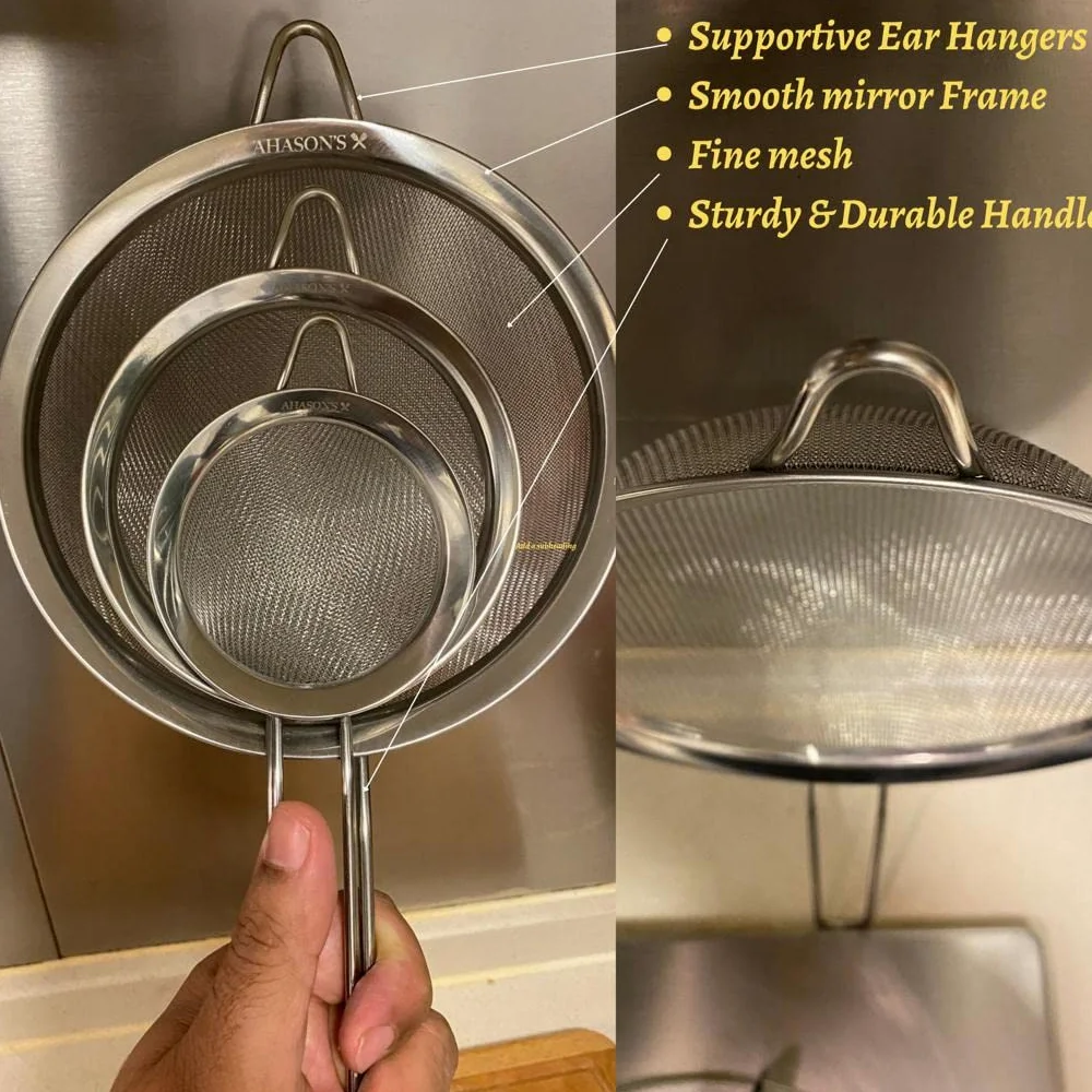 AHASON'S Juego de 3 coladores de malla fina de acero inoxidable 201ss con mango largo, tamaño pequeño 8 cm - mediano 12 cm - grande 18 cm, libre de óxido y sin bordes afilados (acero inoxidable)