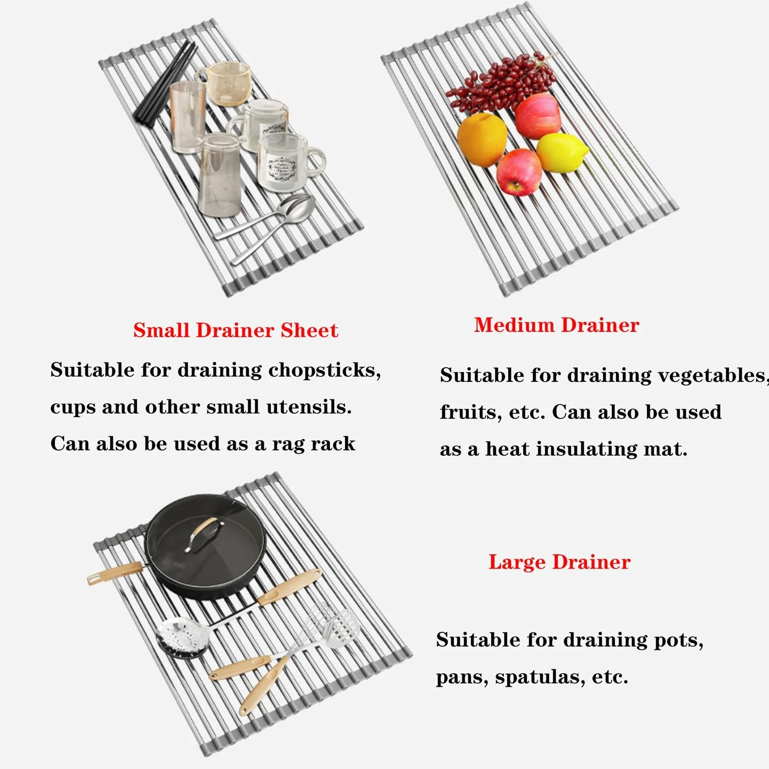 Rejilla de Secado de Platos de Acero Inoxidable, Soporte de escurridor de Cocina Enrollable sobre el Fregadero, Dispositivo de Esqueleto, no es fácil de Dejar Caer, for Tazas, Frutas y Verduras (Size