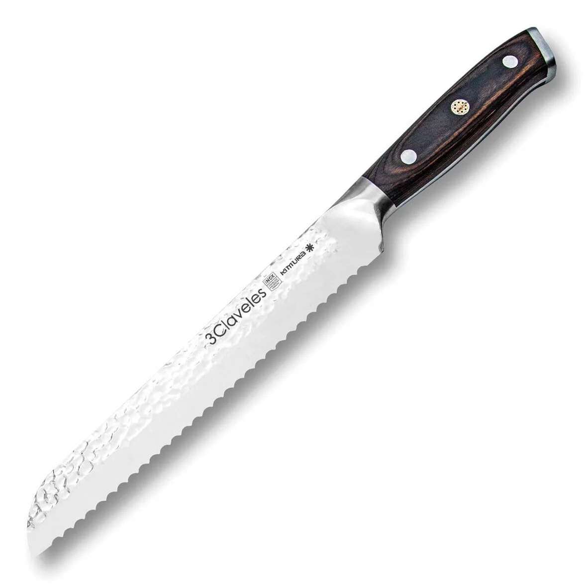 Cuchillo Panero Profesional 19cm 3 Claveles - Sierra grande Duradera para cortar para Pan, Corte Limpio en cocina, Mango Madera Pakka, Resistente"