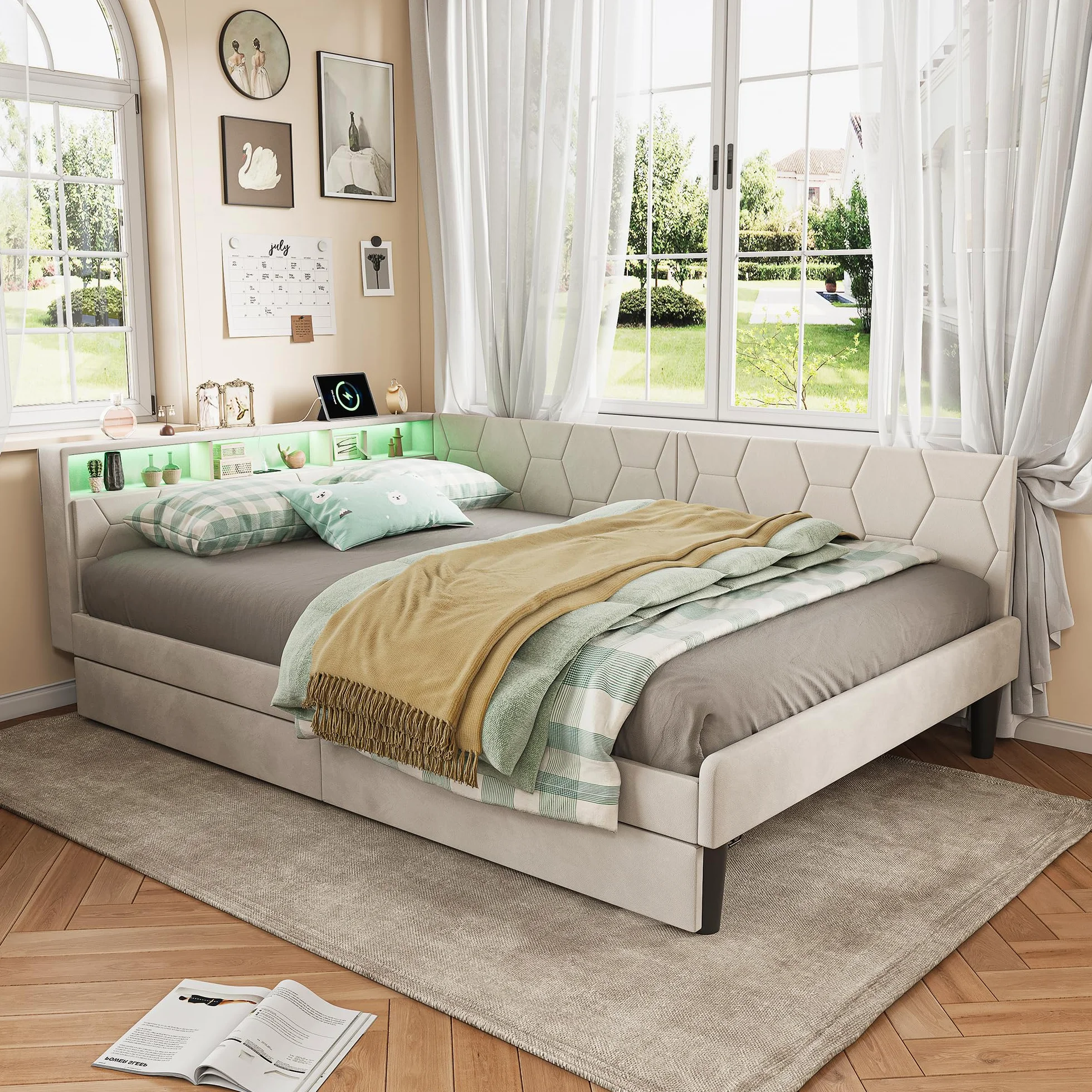 Cama doble 140 x 200 con 2 cajones y espacio de almacenamiento, cama acolchada en L con lámpara LED y USB, paredes laterales intercambiables, sofá cama moderno, sin colchón (Beige C, 140 x 200)