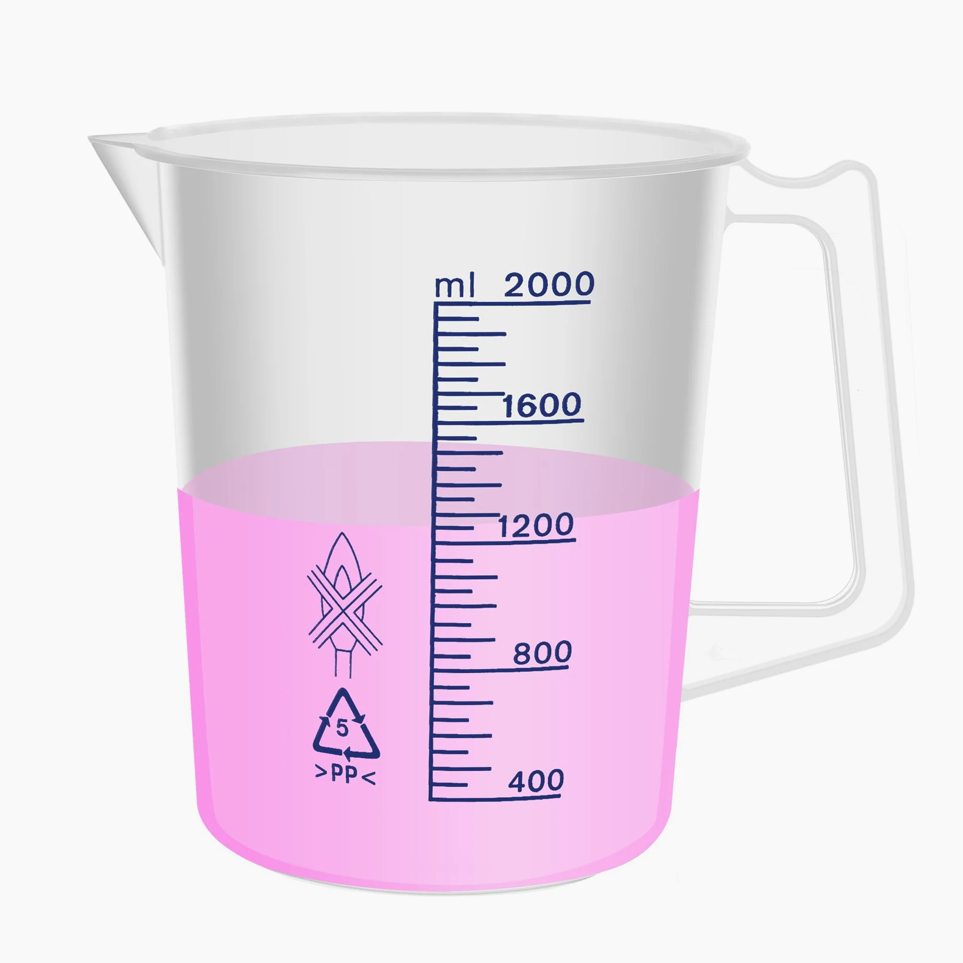 Vasos de plástico con asa, vol.2000 ml (66 onzas) taza medidora con línea de escala azul, jarra de plástico PP material ideal para actividades científicas y uso doméstico, LVB021
