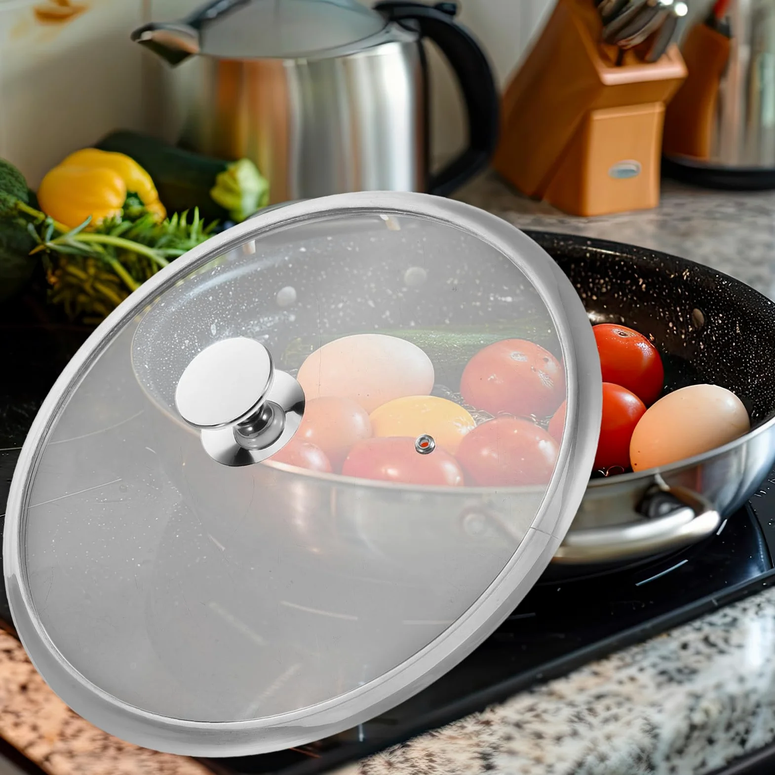 iplusmile Tapa de Sartén y Olla de Acero Inoxidable de 34cm Borde Reforzado, Diseño Elegante y Fácil de Limpiar para Cocina Segura y Moderna