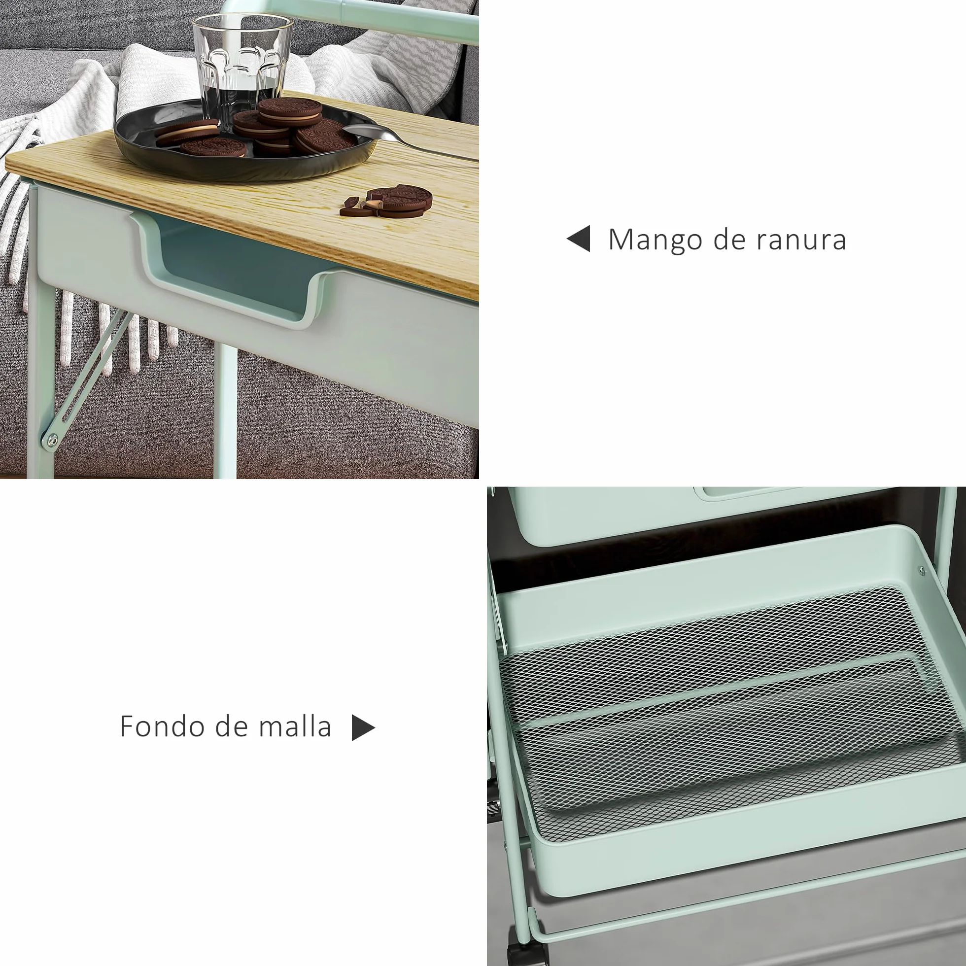HOMCOM Carrito Auxiliar con Ruedas de 2 Niveles Carro de Cocina con 1 Cajón y 1 Cesta Carrito Organizador para Dormitorio Salón Oficina Verde Claro