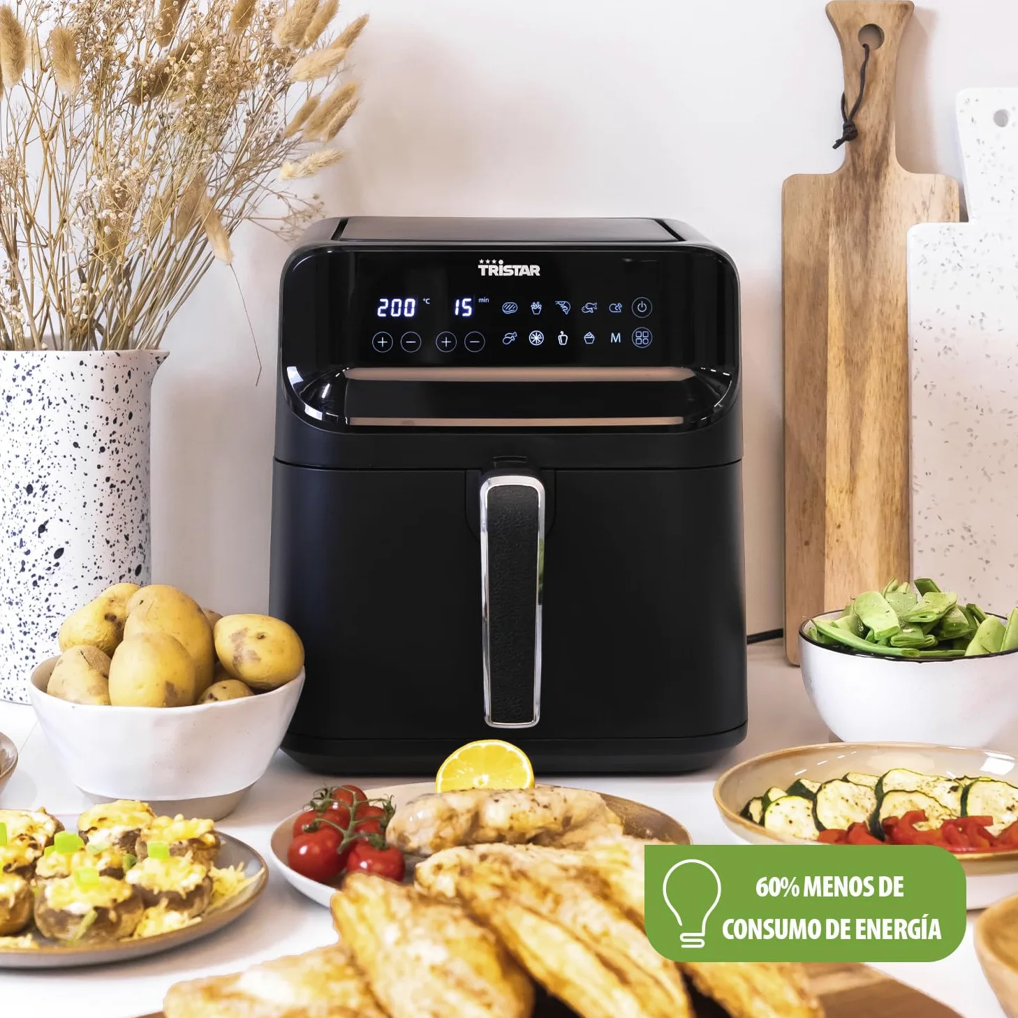 Tristar Freidora sin Aceite 6 L Digital, Airfryer para 1,5 kg Patatas, 9 Programas, Pantalla LED Táctil, Hasta 70% Ahorro Energético, 1350 W, Negro Mate, FR-9025