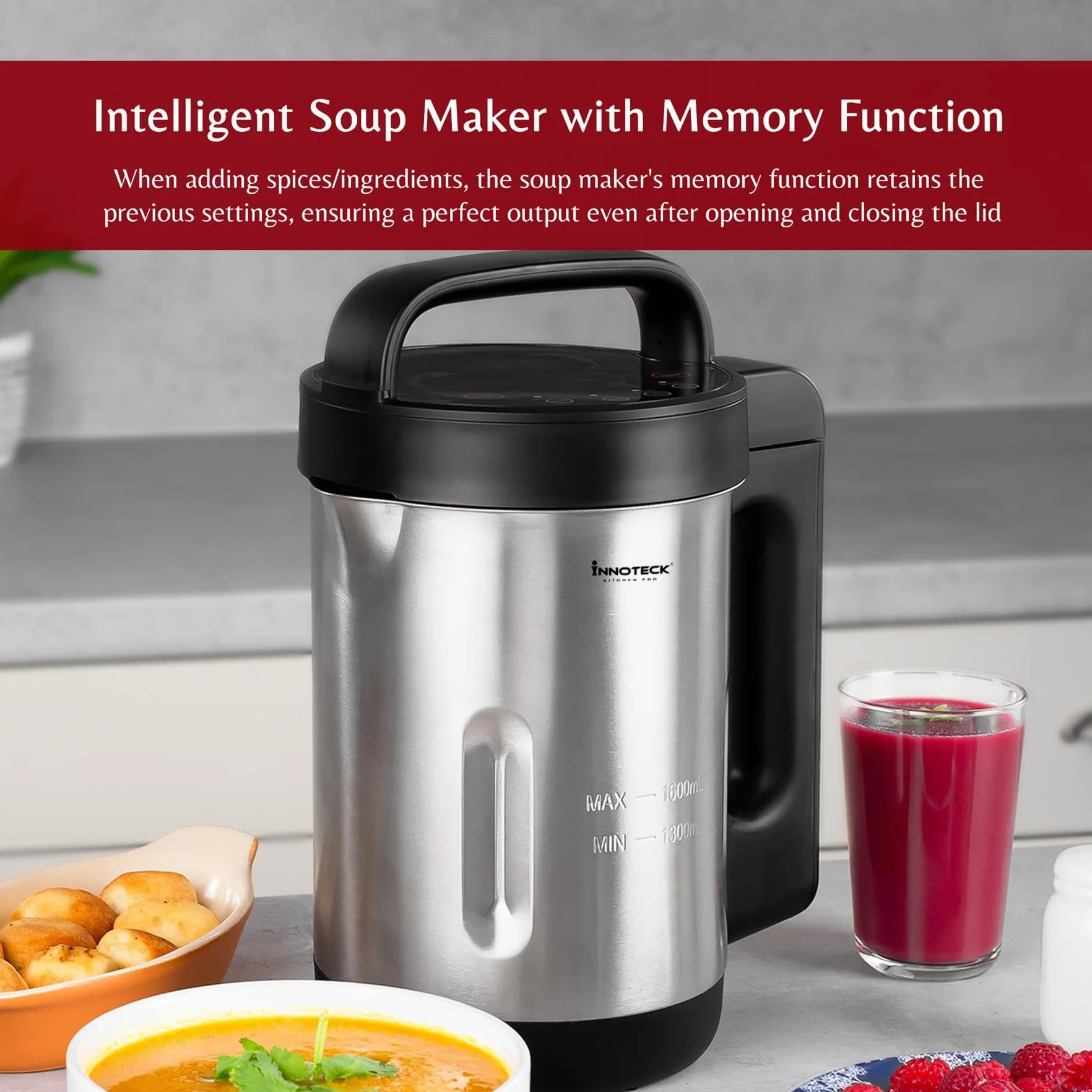Innoteck Kitchen Pro - Máquina de sopa de 1,6 L con jarra de acero inoxidable, ideal para sopas suaves y gruesas o batidos saludables, 4 funciones preestablecidas, pantalla de temporizador digital,