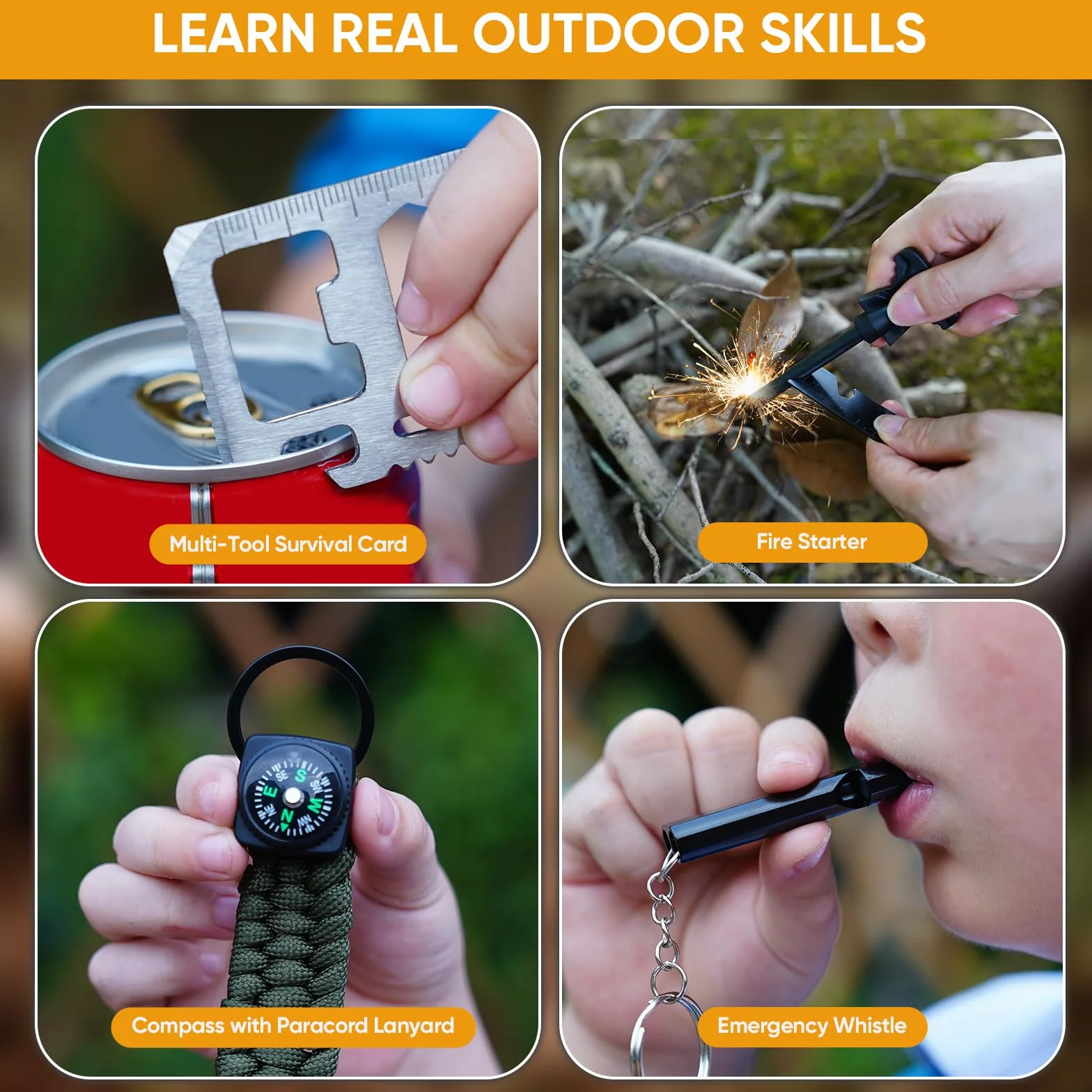 Kit de supervivencia para niños al aire libre con navaja, multiherramienta, brújula, cuerda paracord y bolsa impermeable