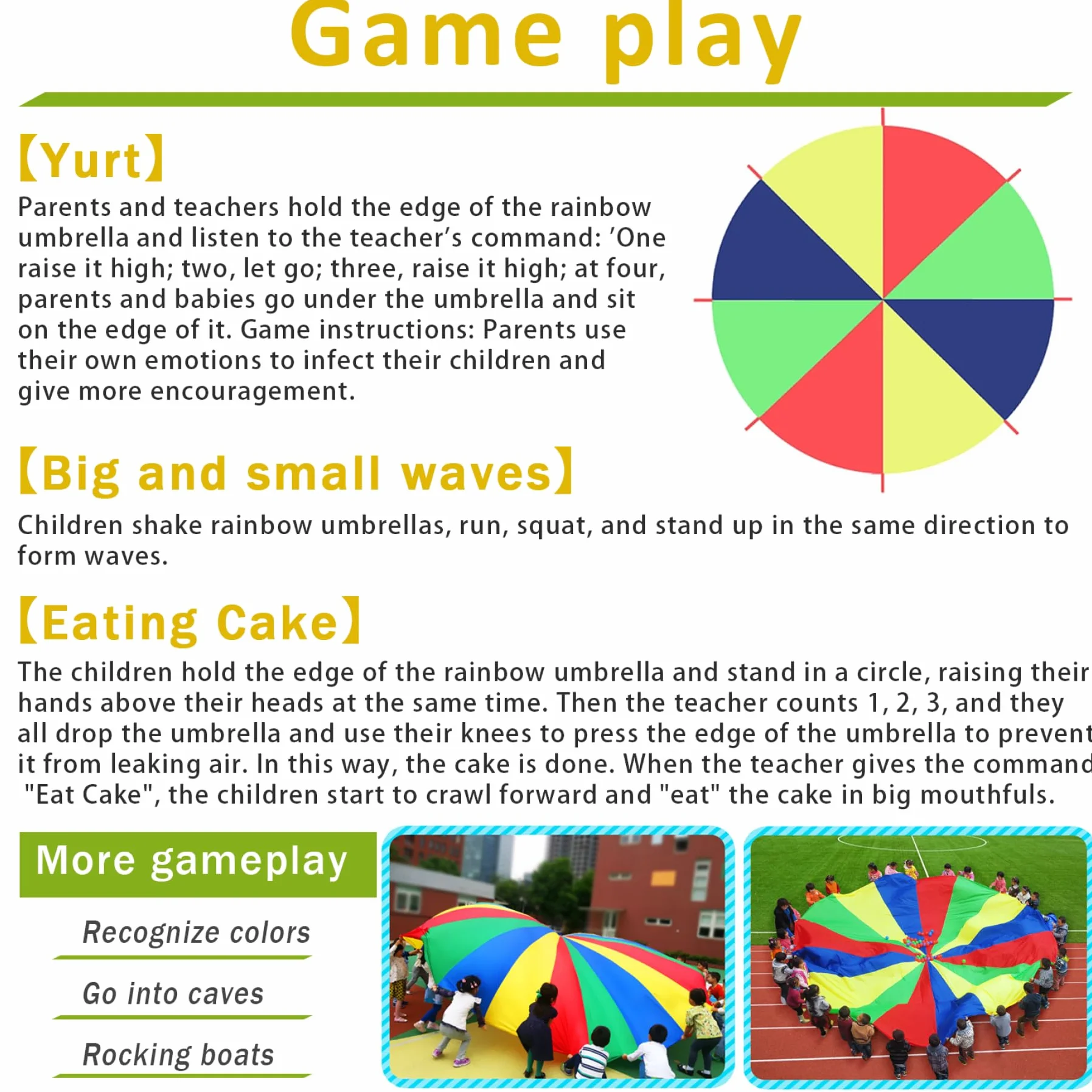 Paracaídas para niños arcoíris 10 pies juegos cooperativos gimnasia juguetes multicolores 10-16 niños