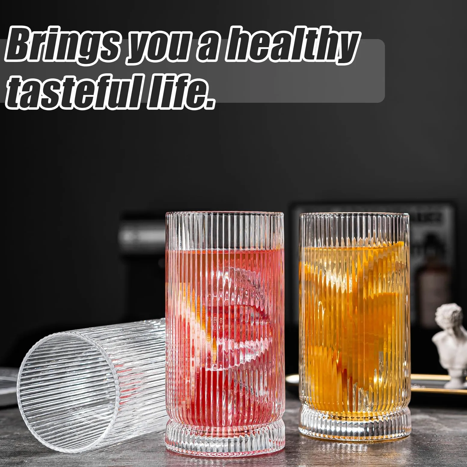 Vasos para beber, 8 vasos de vidrio estilo origami, vasos altos de 15 onzas, elegante cristalería vintage ondulada, vasos acanalados, vasos a rayas, vasos de café helado para cóctel, whisky,