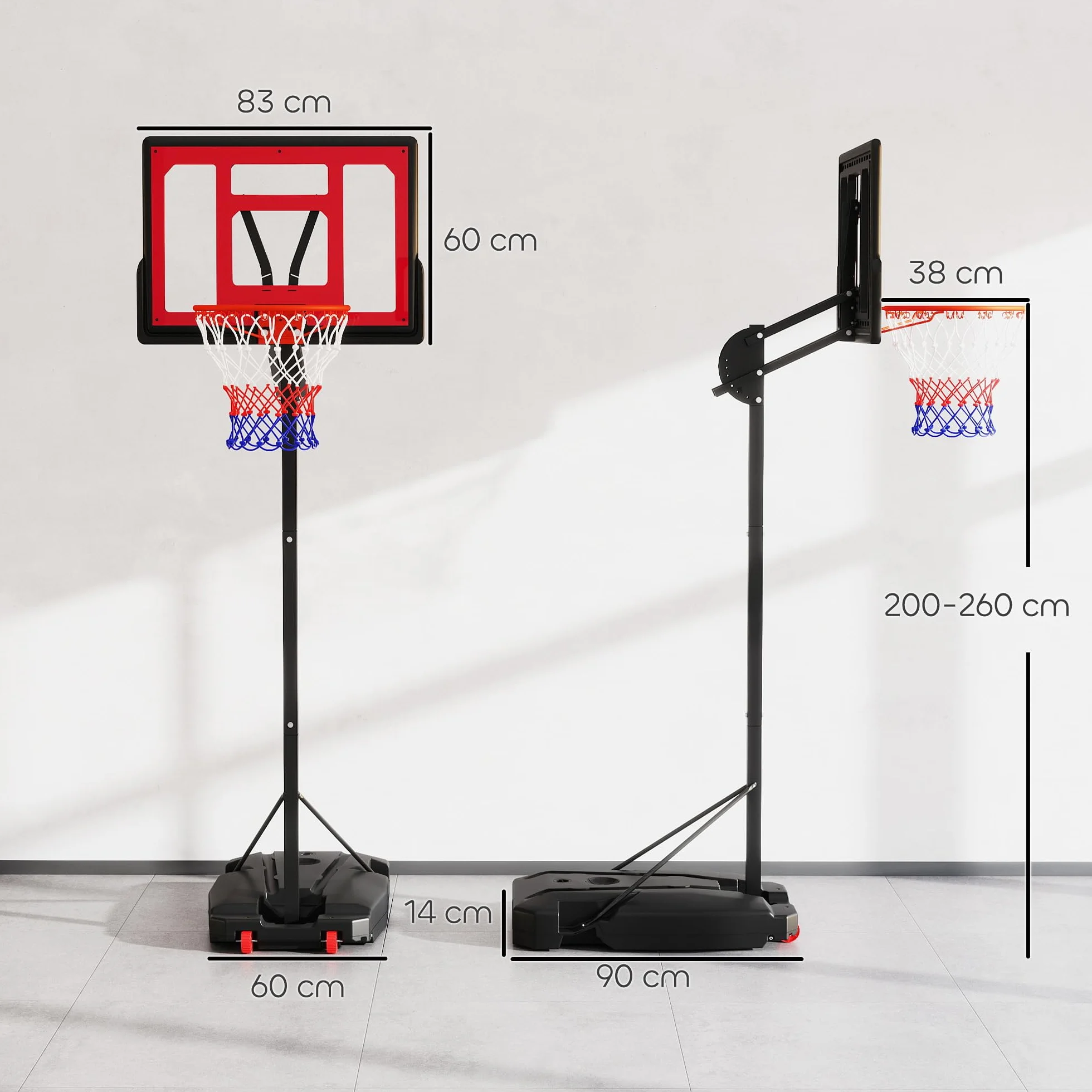 AIYAPLAY Canasta de Baloncesto Portátil Altura Regulable 200-260 cm Base Rellenable con Ruedas Rojo y Negro