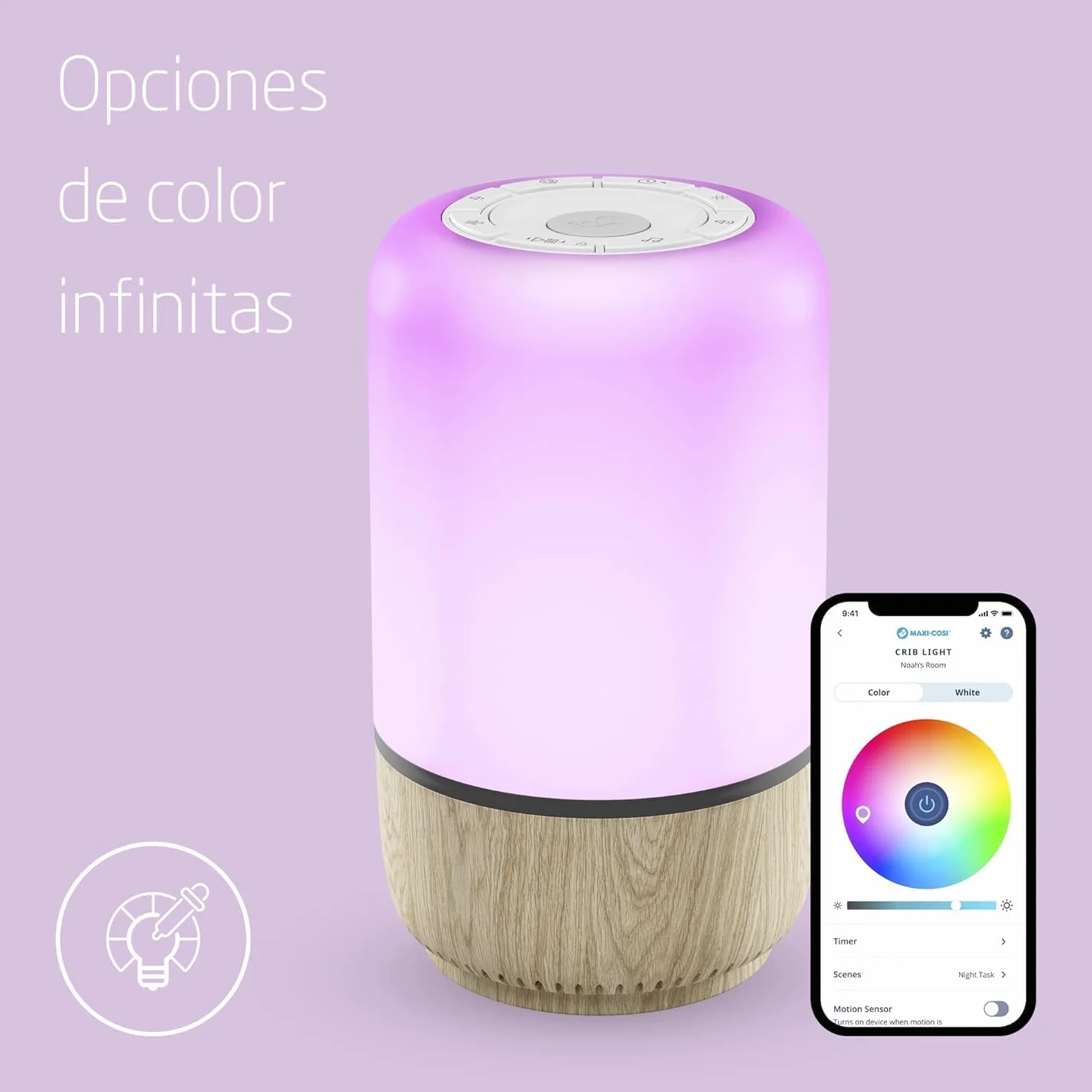 Maxi-Cosi Soothe Luz quitamiedos bebe, máquina de ruido blanco con 20 sonidos relajantes, luz nocturna inteligente, compatible con Alexa y Google Home