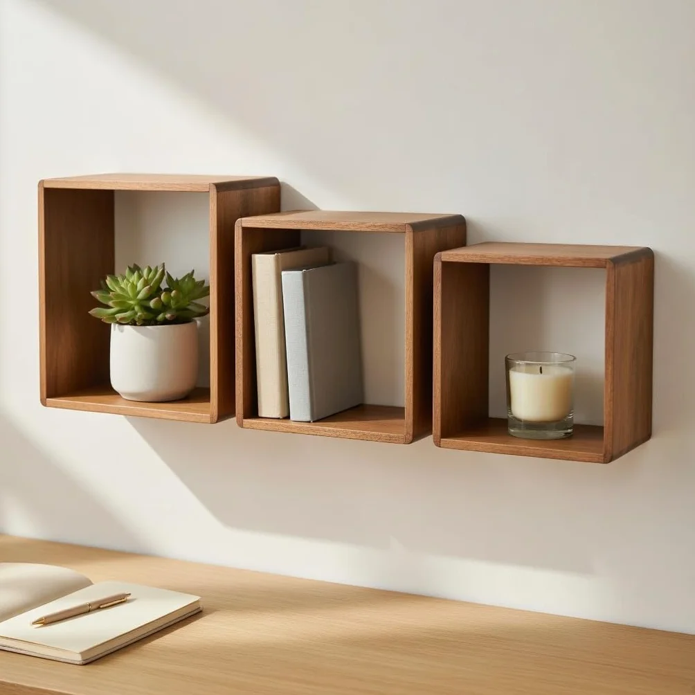 Juego de 3 Cubos Estantes de Pared Set de 3 Cubos Flotantes de Álamo 22,5/25,5/28,5 cm Estanterías Cuadradas para Decoración Libros Plantas y Objetos Organizadores de Pared (Marron)