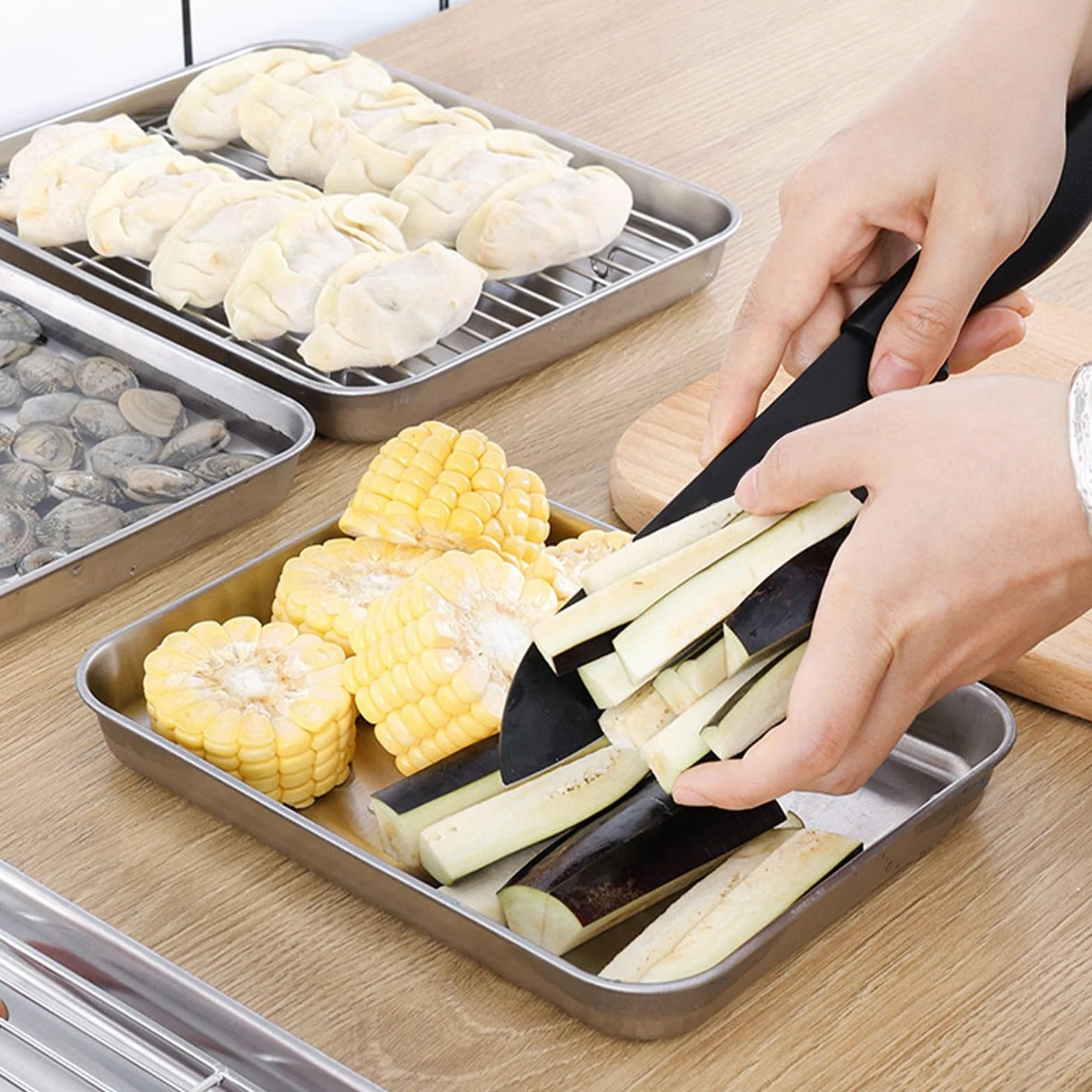 Bandejas de acero inoxidable para hornear con rejilla de alambre, perfectas para drenar aceite, cocinar albóndigas al vapor y descongelar mariscos, bandeja de metal duradera para cocinar de forma