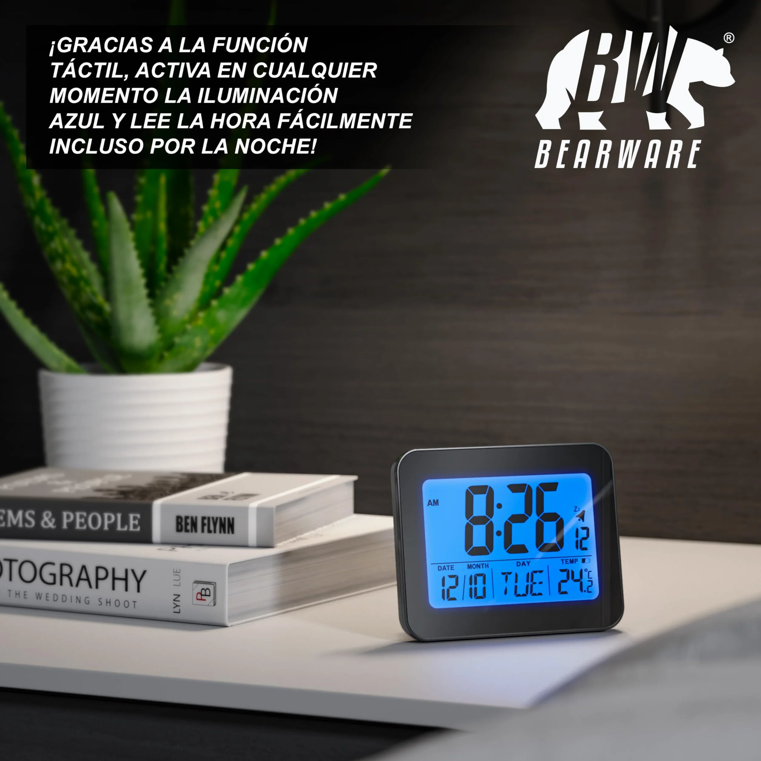 Reloj Despertador Digital con 9cm Pantalla LED de Temperatura Fecha y día, Alarm Cloc Snooze Termómetro Formato 12/24 Horas, Reloj Digital de Mesa de Viaje para Sala de Oficinas Familiares