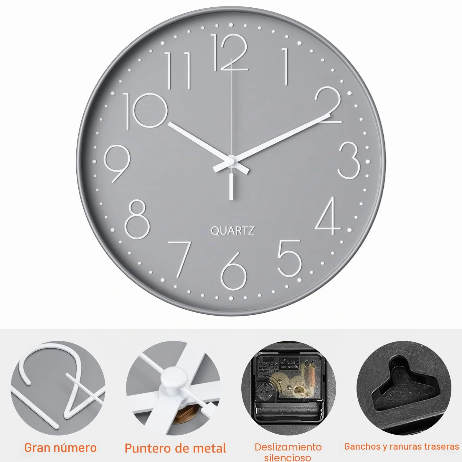 Uootach Reloj de Pared, 30CM Movimiento de Cuarzo silencioso, diseño Minimalista Moderno (Gris Caracteres Blancos)