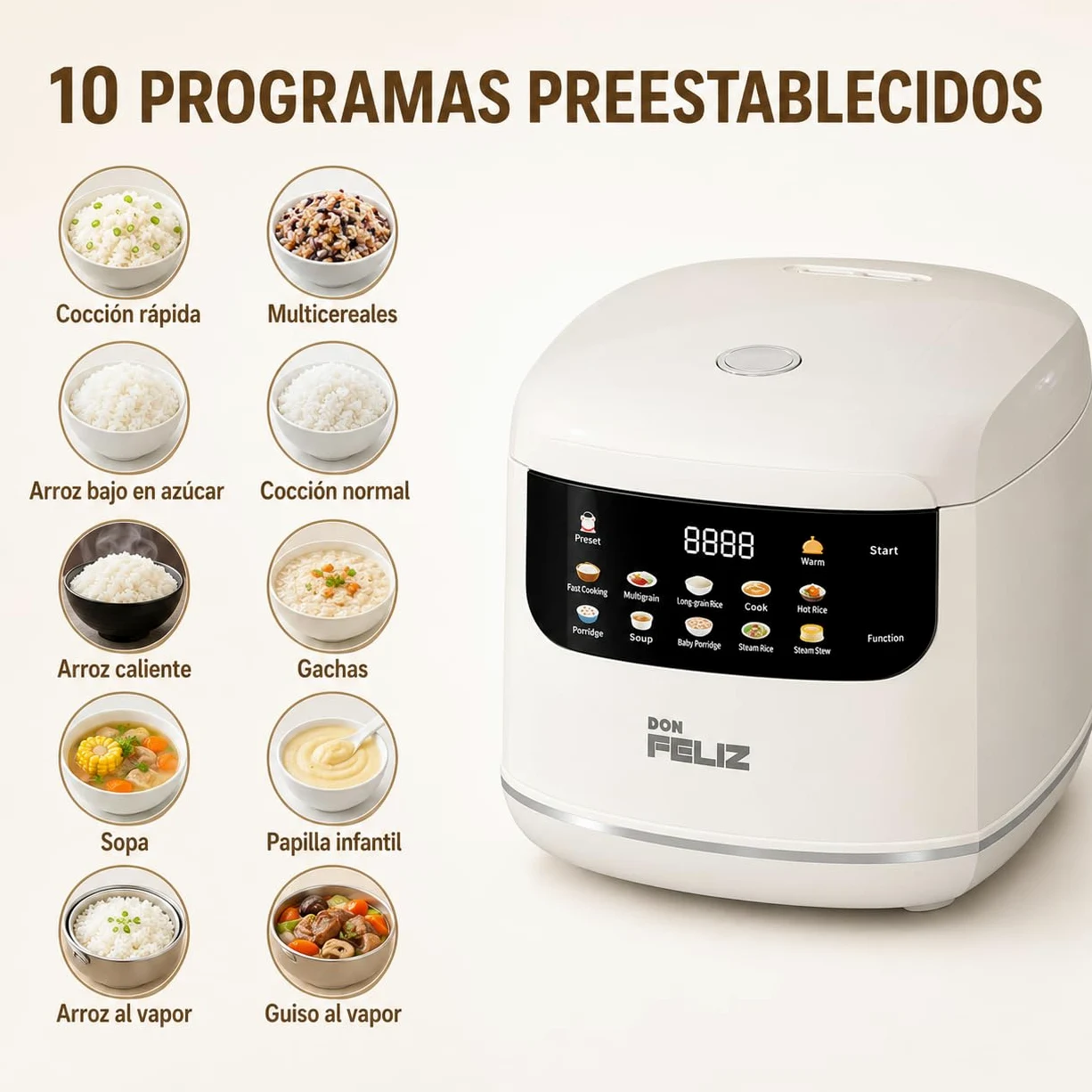 Don Feliz Arrocera Eléctrica 2 L para 1-4 Personas, Olla Arrocera Digital con 10 Programas, Cesta Vaporera, Temporizador 24 h, Mantener Caliente y Recipiente Antiadherente