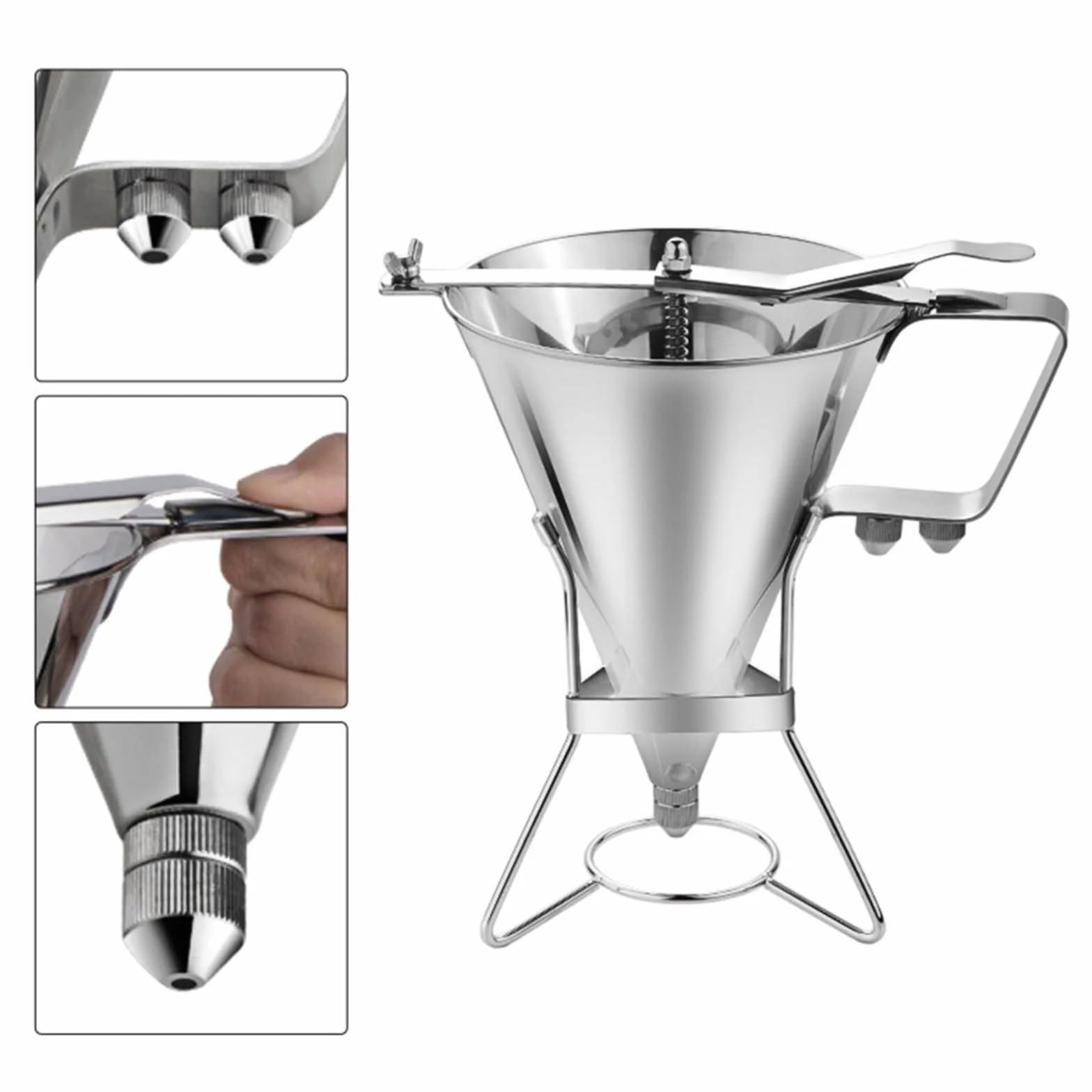 Dispensador de masa para tortitas de acero inoxidable, 1800 ml, con 3 boquillas, embudo de gran capacidad para magdalenas y salsas, dosificación precisa para cocina y panadería, plata