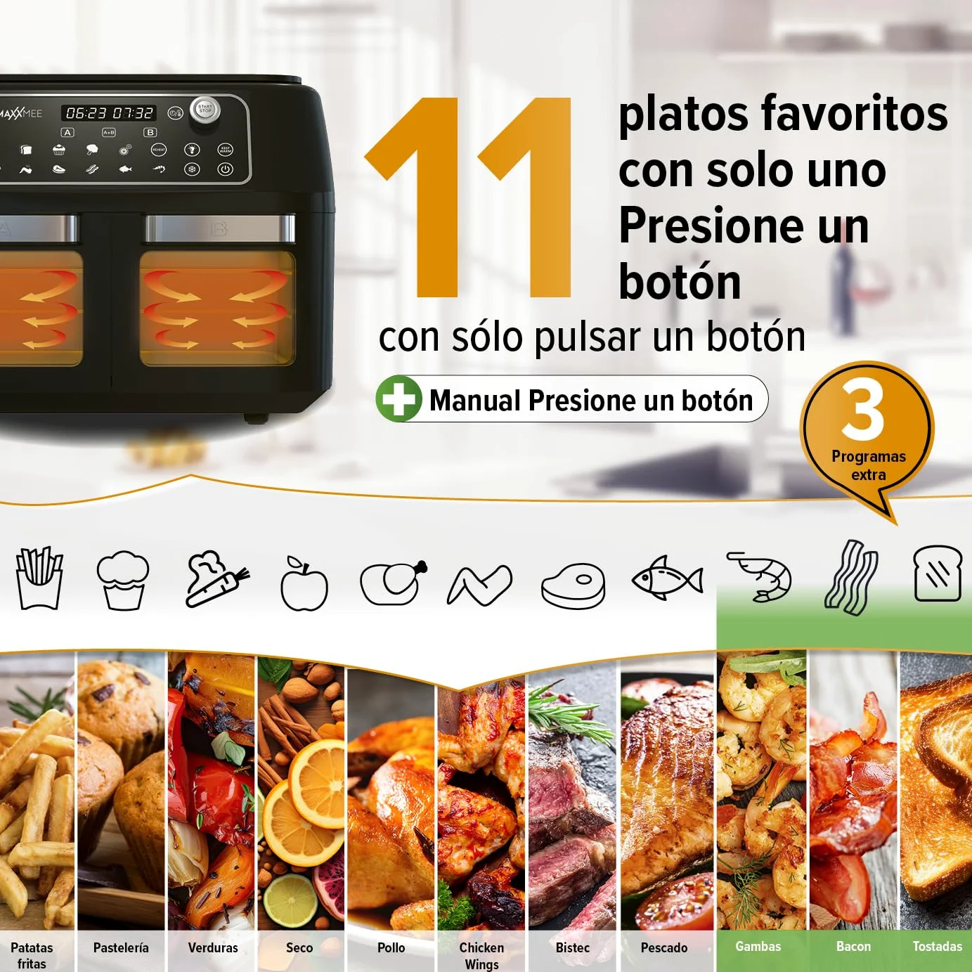 MAXXMEE Freidora de aire caliente de doble cámara 11 l | Combinación inteligente de horno de aire caliente, parrilla y freidora con 2 compartimentos XXL de 5,5 litros cada uno | Panel de control