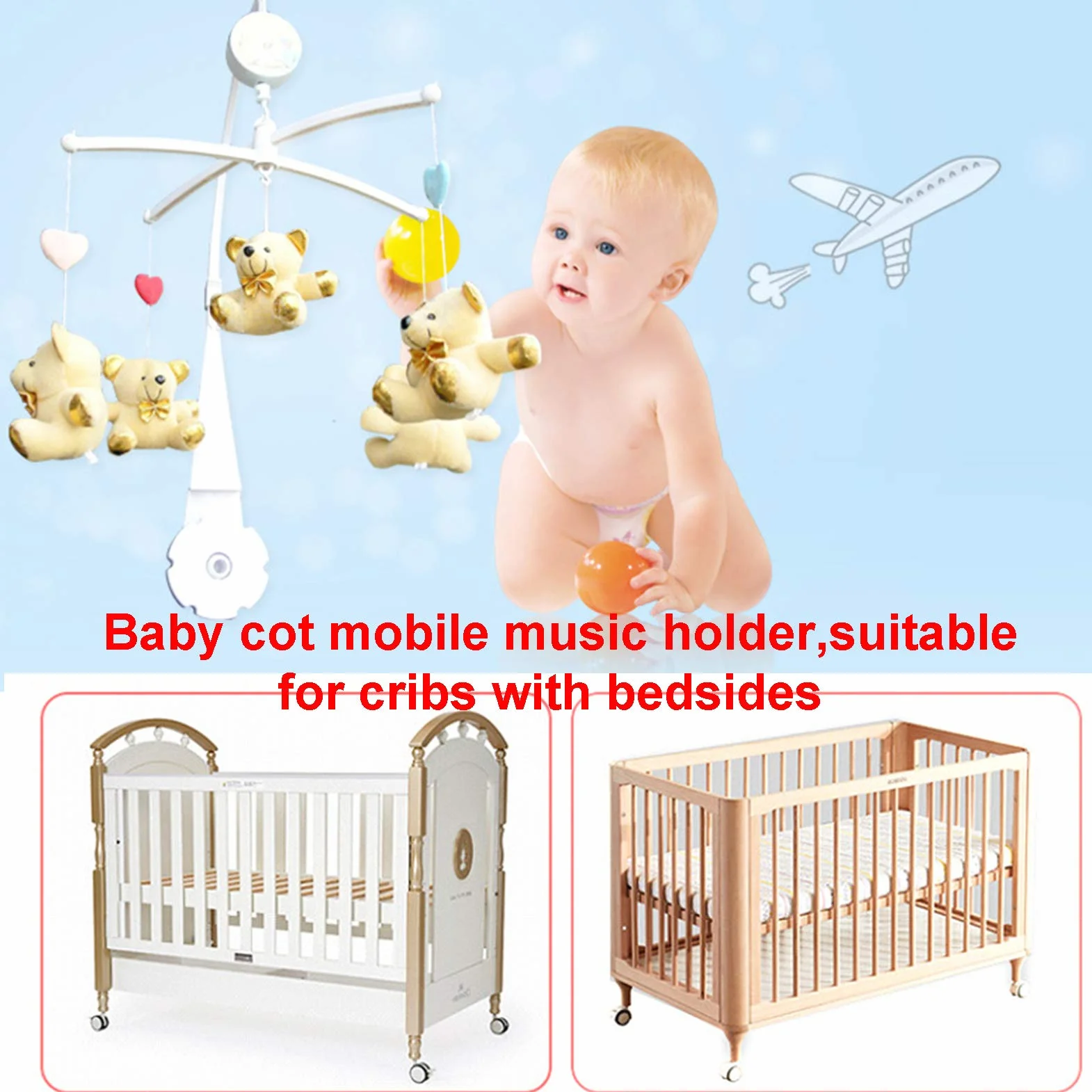 Blanco Soporte Para Cama de Bebé Cuna Cuna Brazo Móvil Con Caja de Música Mecánica y Soporte Extendido Soporte Tuerca Tornillo Cama sin Juguetes Para Baby Girl & Boy