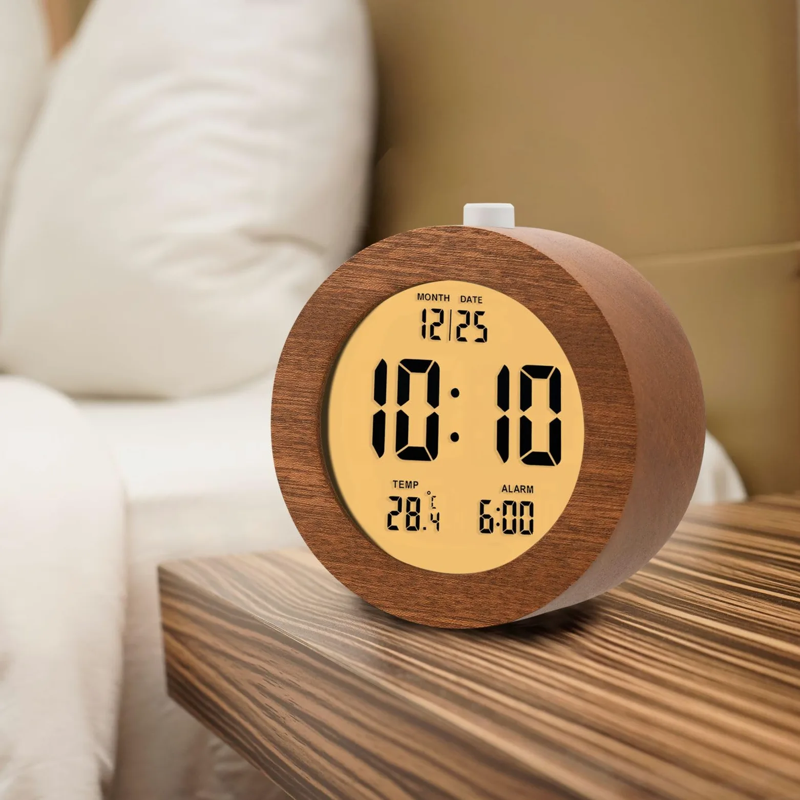 Plumeet Reloj despertador digital de madera para dormitorios, reloj despertador de madera de 4 pulgadas con repetición y luz nocturna, reloj electrónico LCD de escritorio que muestra la hora, fecha,