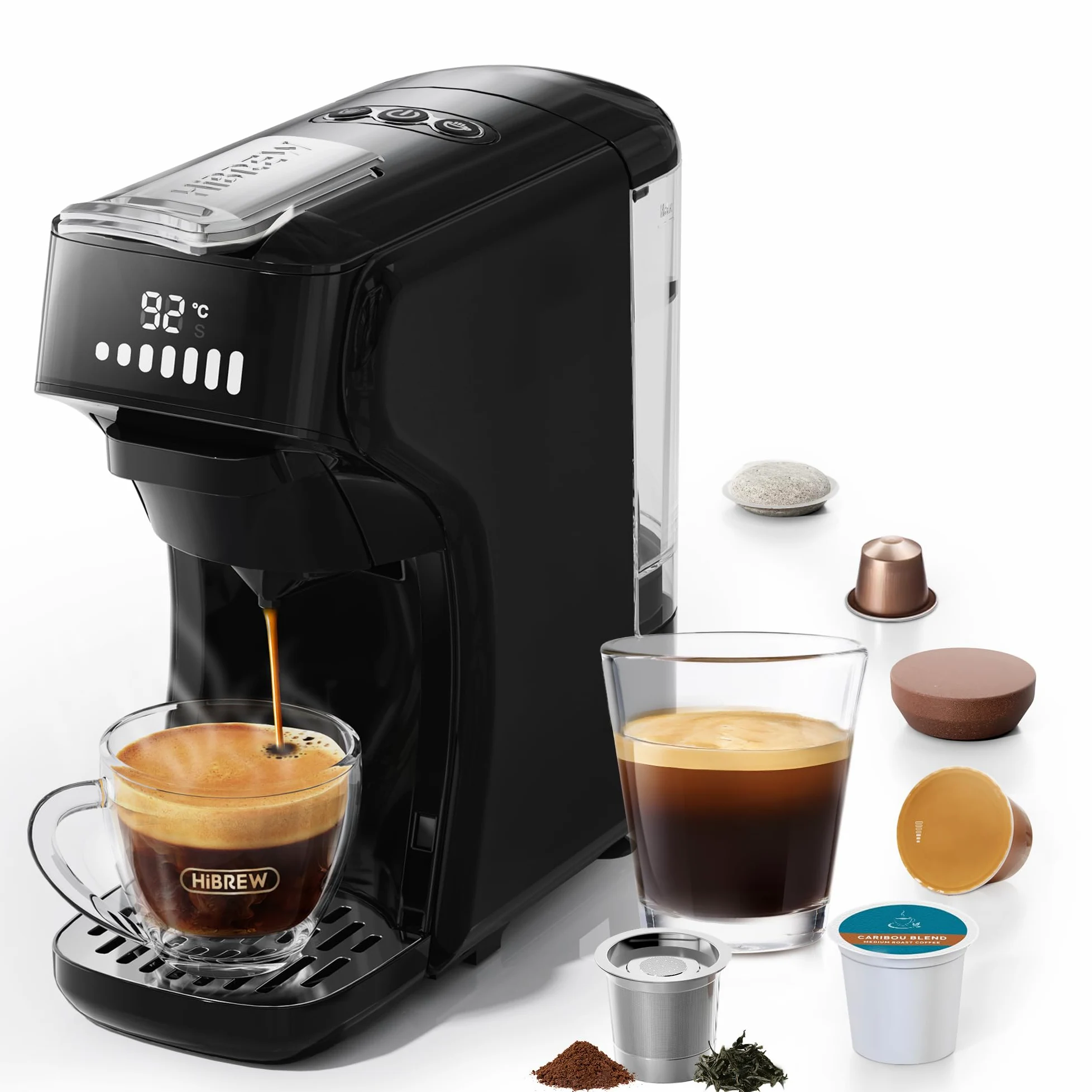 HIBREW H1B - Cafetera de cápsulas 6 en 1 | Compatible con Ns*/DG*/ Es*/Kcup*/Café Molido, Botón único Infusión Caliente y Frío, Temperatura y Cantidad Ajustable
