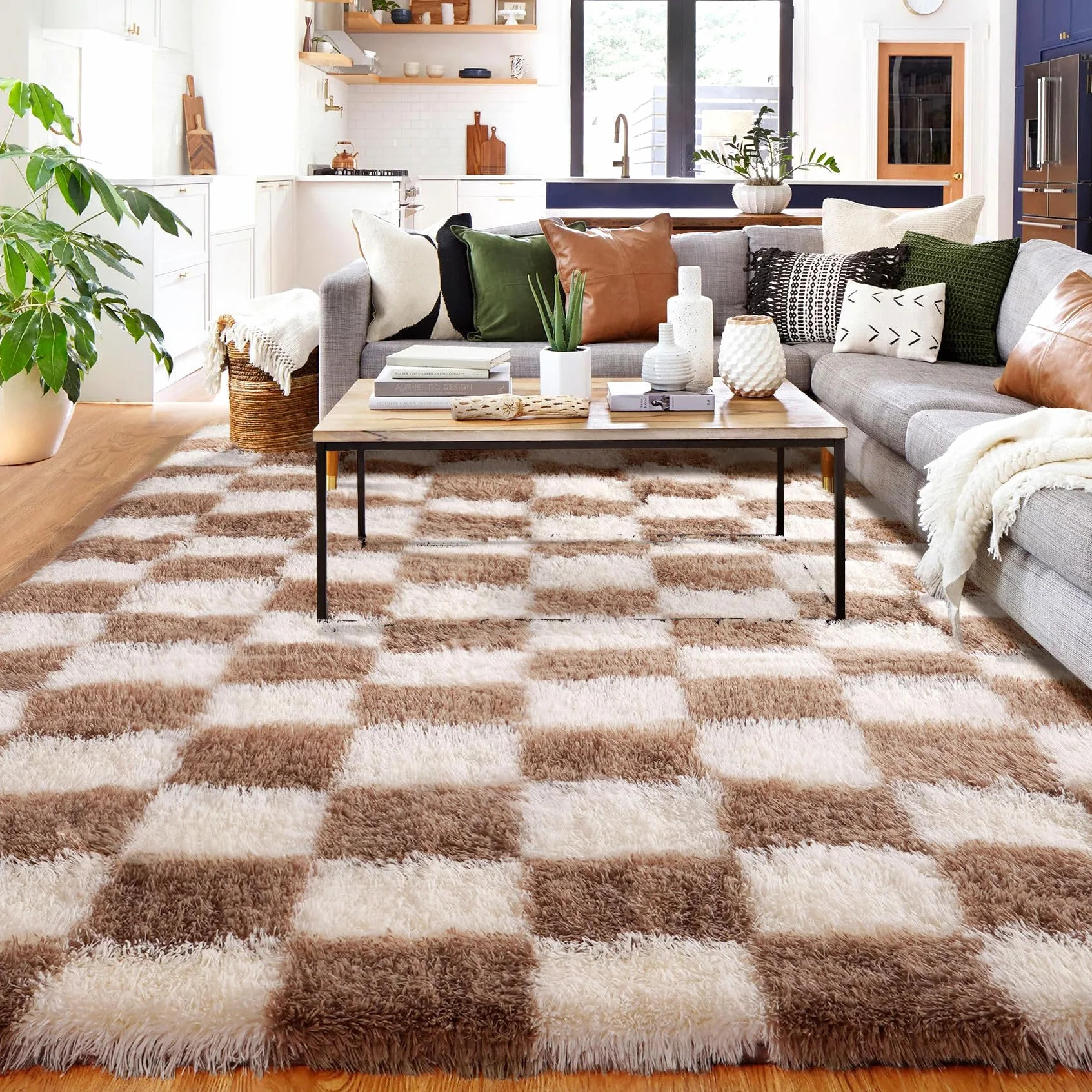 Alfombras de cuadros para dormitorio, 150x210cm, marrón y blanco, suave, alfombra grande para sala de estar, niños y niñas, jóvenes, dormitorio, pelo alto, esponjosa, larga, pasillo