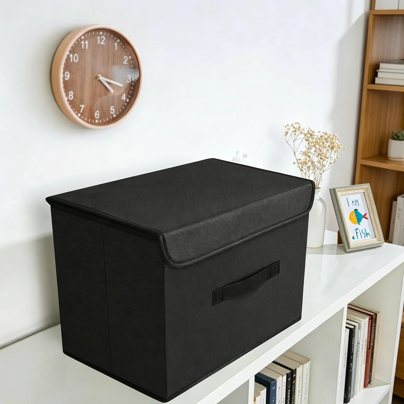 DIMJ 4 Piezas Cajas Organizadoras con Tapa Cajas de Almacenamiento Plegables Fabricadas en Tela con Asas Ideal Para Guardar Ropa, Zapatos, Ideal Para Guardar Juguetes, Ropa Y Cachivaches, Negro