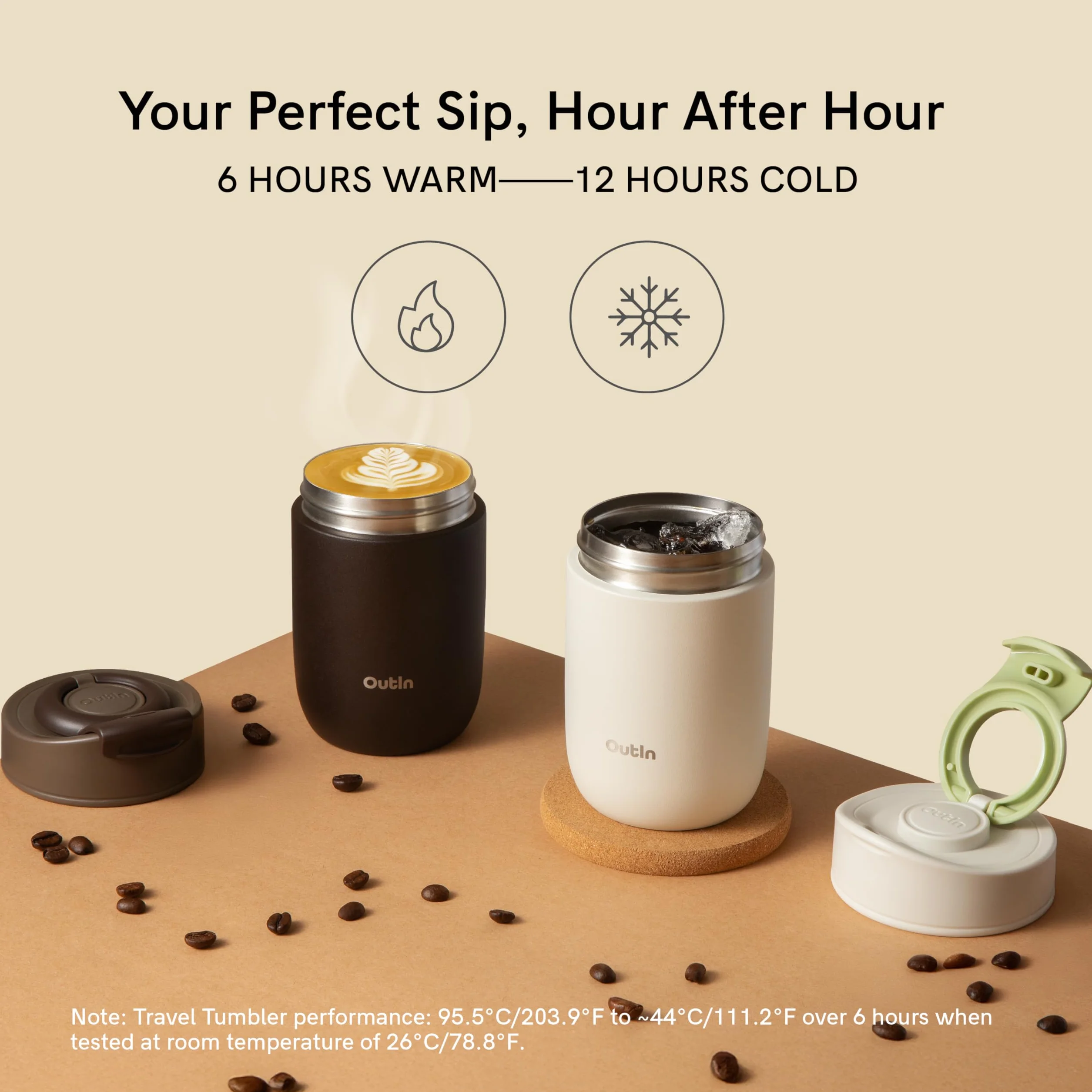 OutIn Travel Tumbler, vaso térmico de café estanco, 350 ml | Vaso de acero inoxidable con tapa abatible para bebidas calientes y frías, uso exterior, Terra Brown