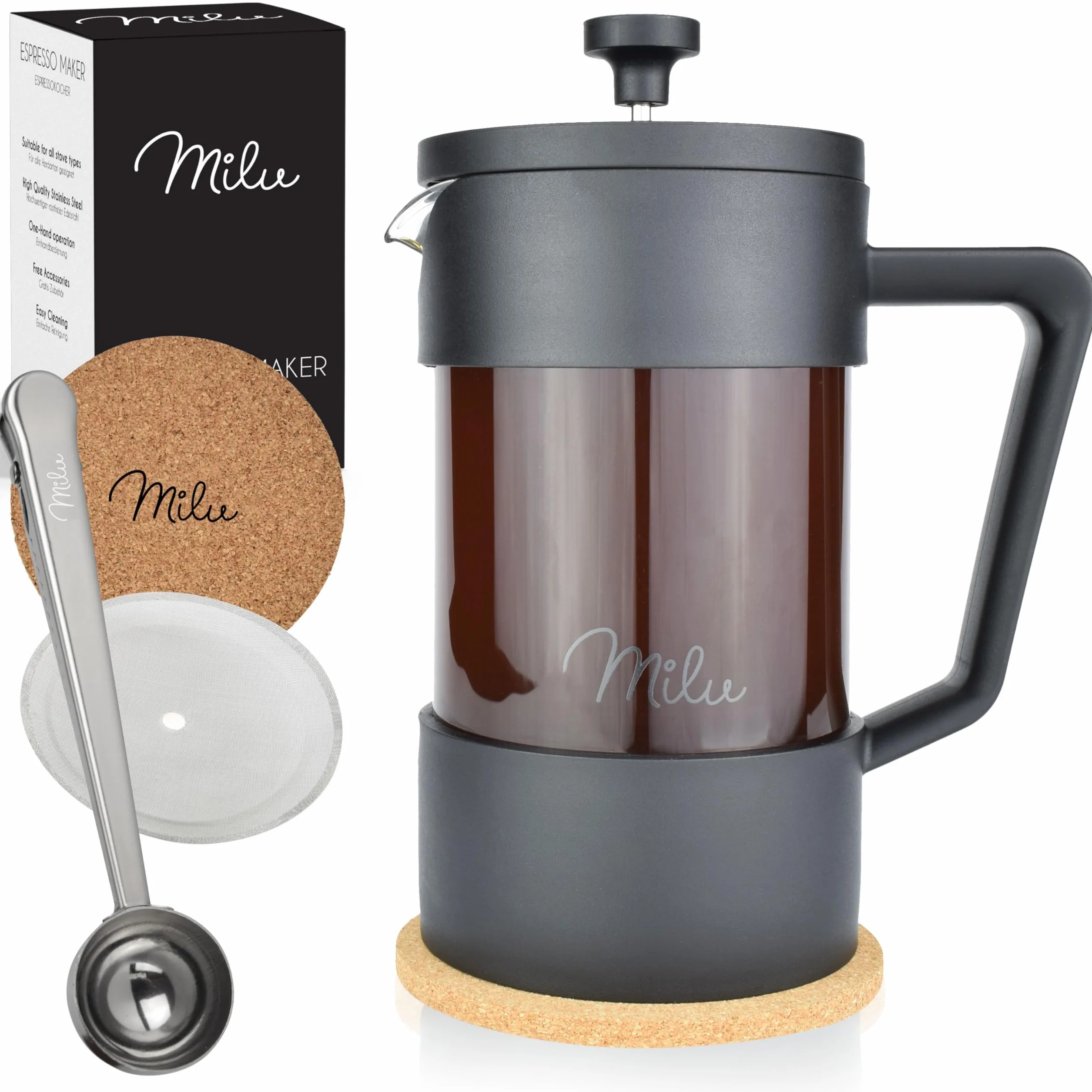 Milu Cafetera Francesa de Vidrio 600ml French Press Tetera Café Negro