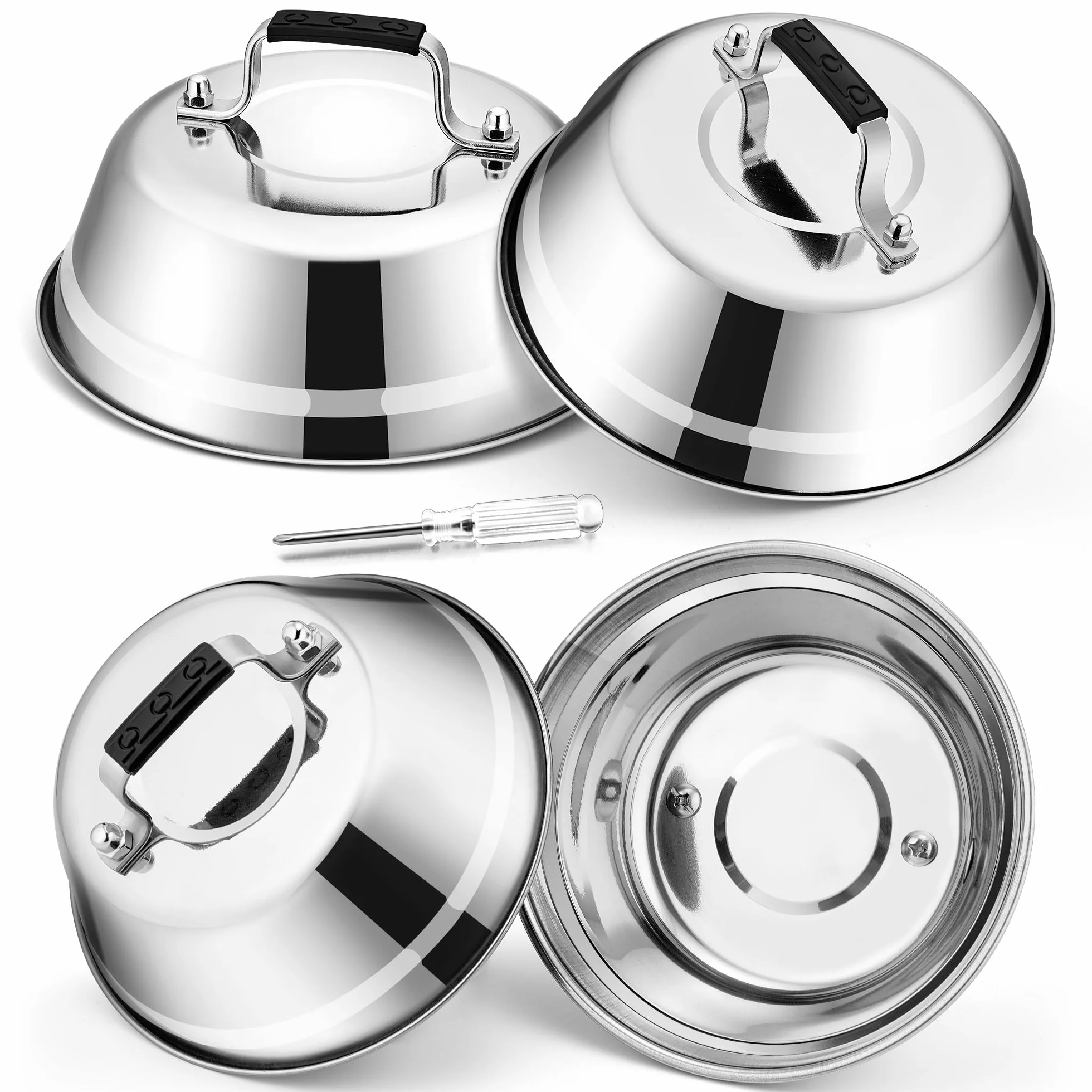HaWare Campana para hamburguesas, 4 unidades, acero inoxidable, con mango de goma, para barbacoa, carne, queso, teppanyaki, exterior e interior, apto para lavavajillas, 16,8 x 6 cm