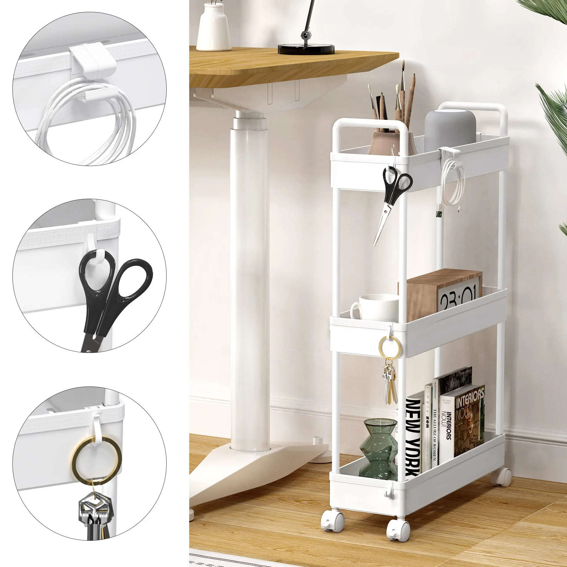 SOLEJAZZ Carro de Almacenamiento de 3 Niveles, Deslizante, Delgado, utilitario, Organizador de estantes de Almacenamiento móvil para Cocina, baño, lavandería, Lugares Estrechos, plástico, Blanco