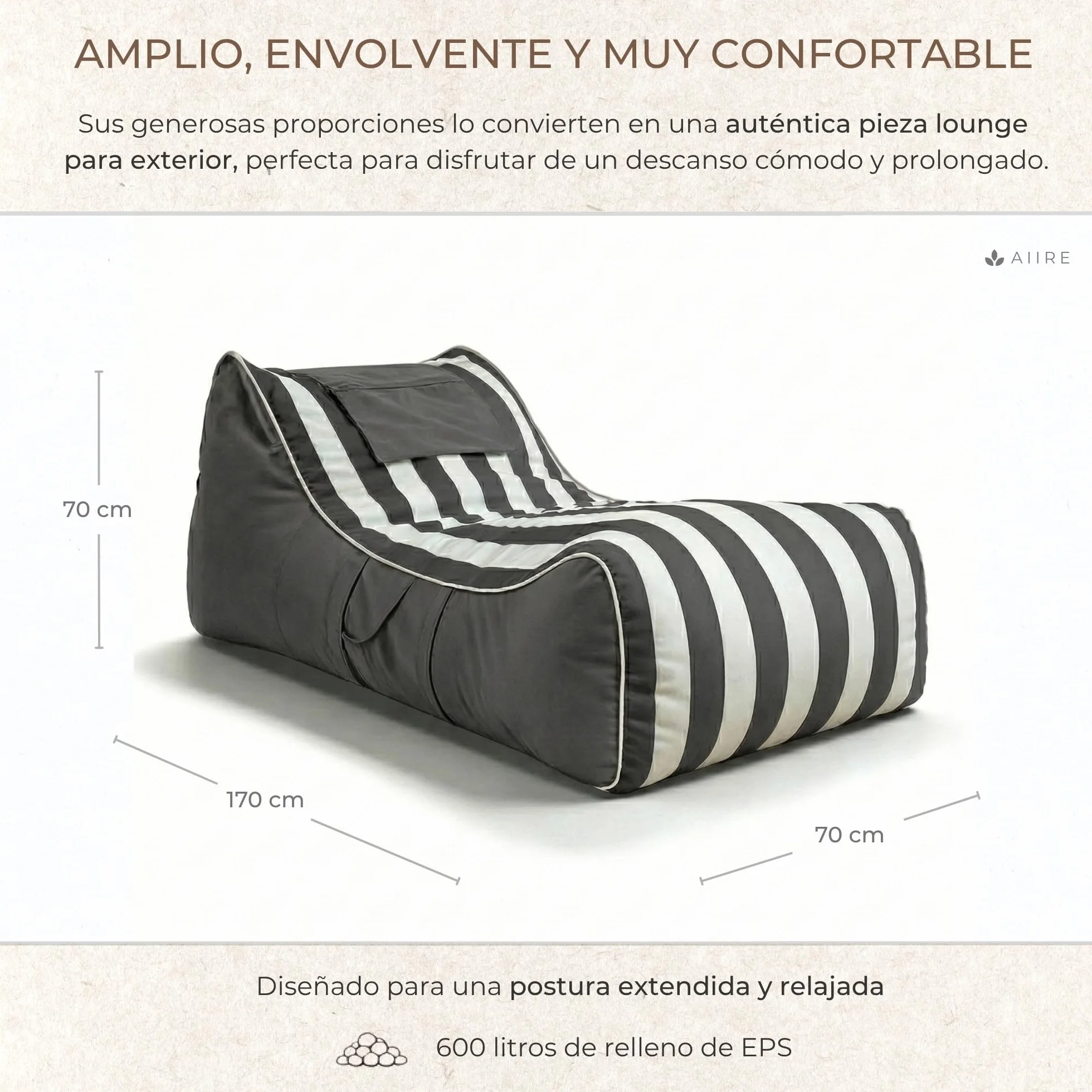 Aiire Puff Exterior Jardín con Relleno Incluido - Puf en Olefina Premium, Desenfundable y Lavable - Bean Bag Chair para Terraza, Piscina y Porche - Tumbona Lounge XXL Exterior Gris