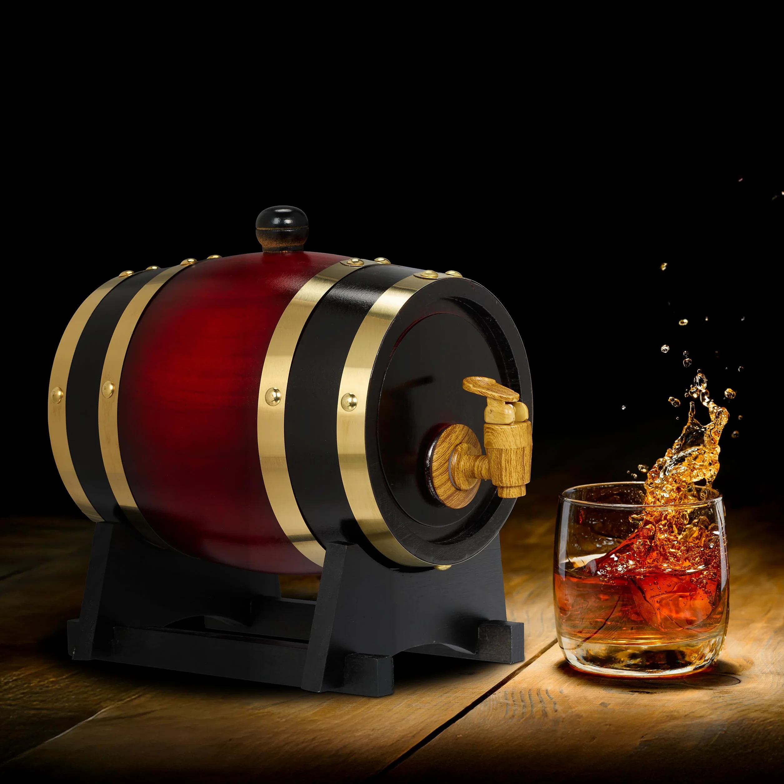 Relaxdays Barril de Madera, con Grifo y Base, Barrica 1,25 L, Dispensador de Whisky, Vino, Sidra, Licores, Rojo/Negro