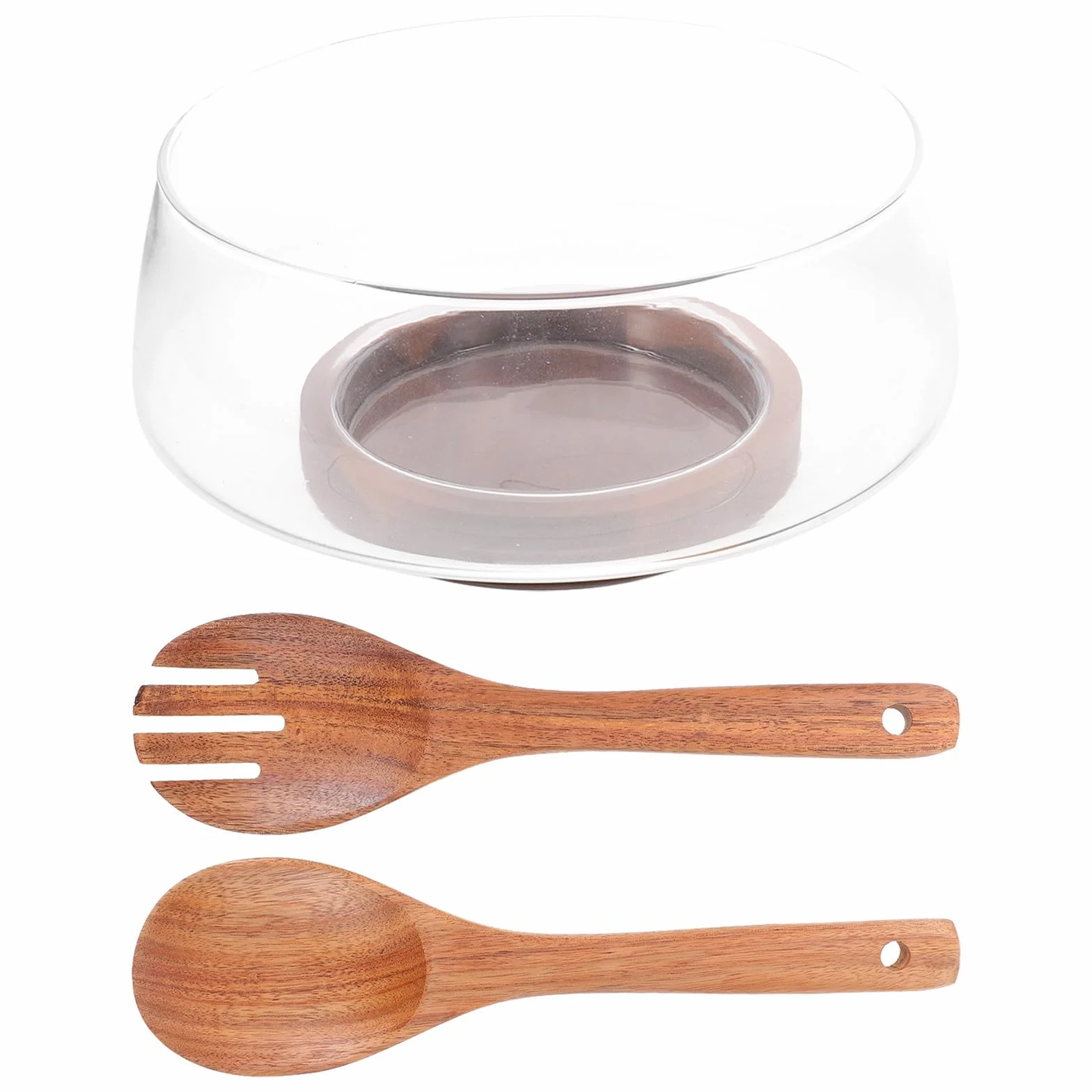 Bol de Ensalada de Vidrio con Base de Madera de Acacia Redondo para Presentación Clara y Protección contra Condensación, Adecuado para Cocinas Compactas y Fiestas