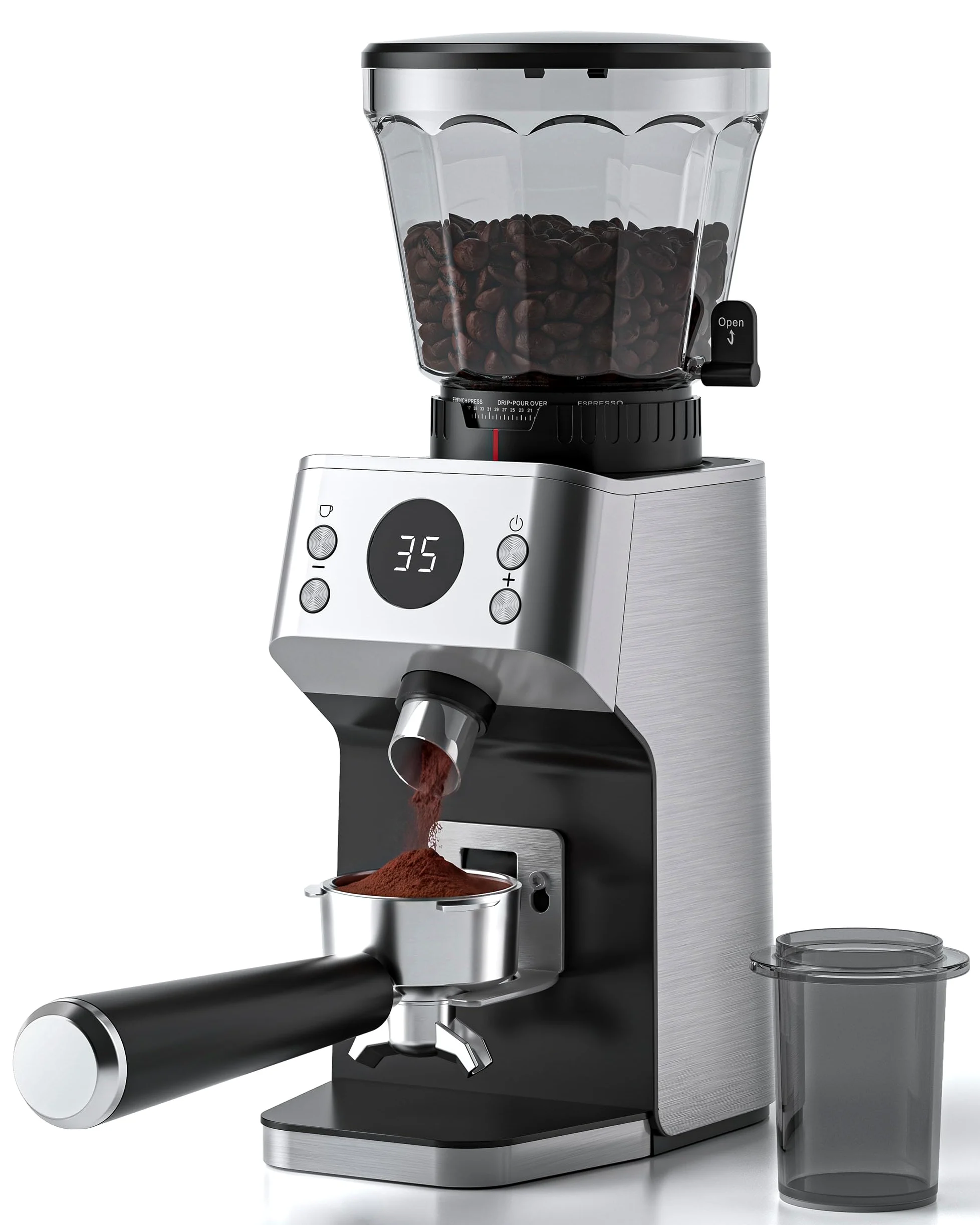 AAOBOSI Molinillo de Café Eléctrico, 45 Niveles, Muelas Cónicas de Acero | Sistema Antiestático Plasma, memoria, tiempo/tazas programables, depósito de 300 g, para espresso y café filtrado