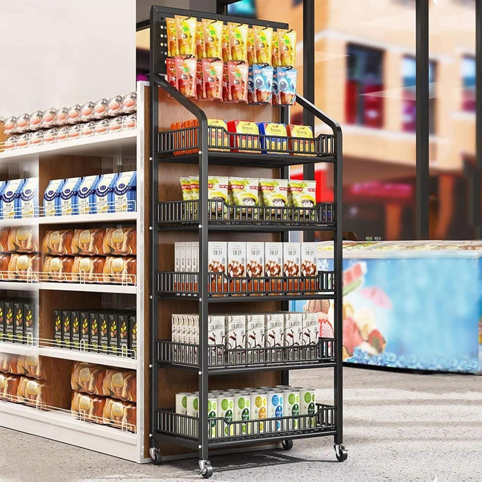 Estantería de 5 Niveles para Tiendas, Organizador de mostrador para Snacks, Estante metálico para Guardar Snacks, Frutas y Herramientas, Estante con Ruedas, Puesto de Venta portátil para CIN
