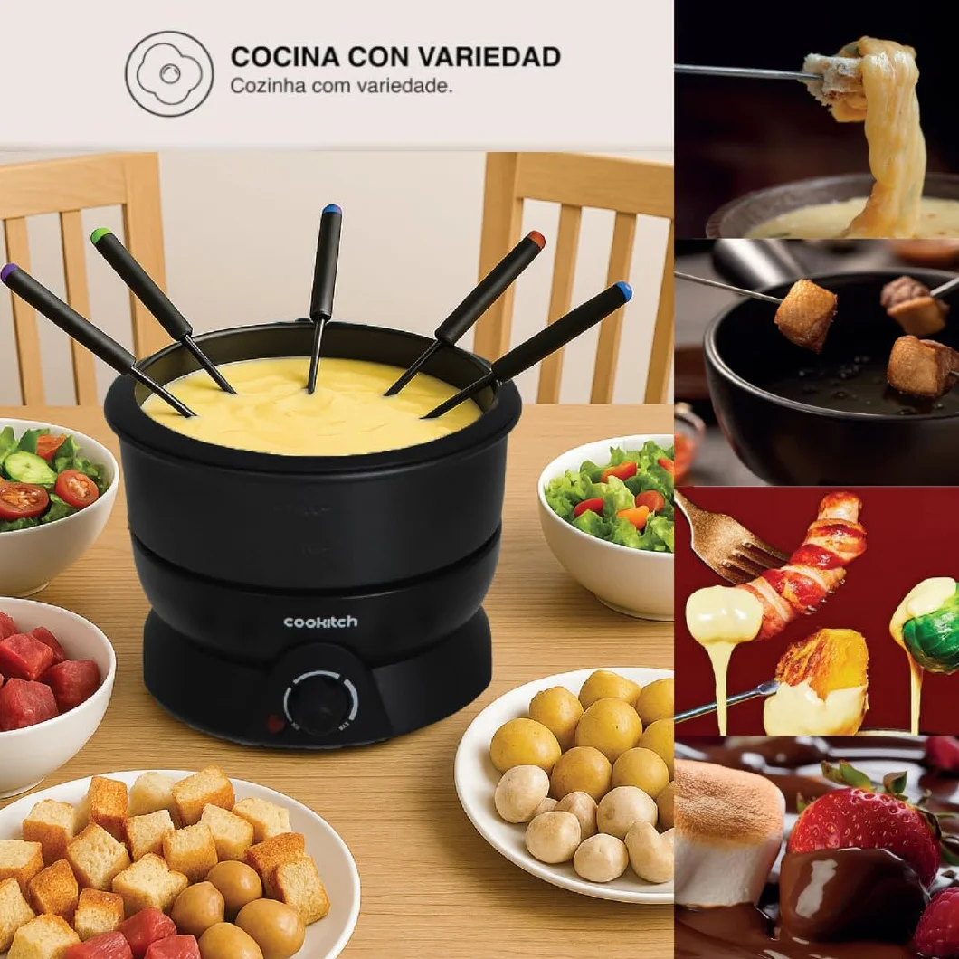 Fondue Eléctrico para 6 Personas, Fondue para Queso, Chocolate, Carne, Caldo y Más, Capacidad de 1.3L, Antiadherente, Termostato Regulável