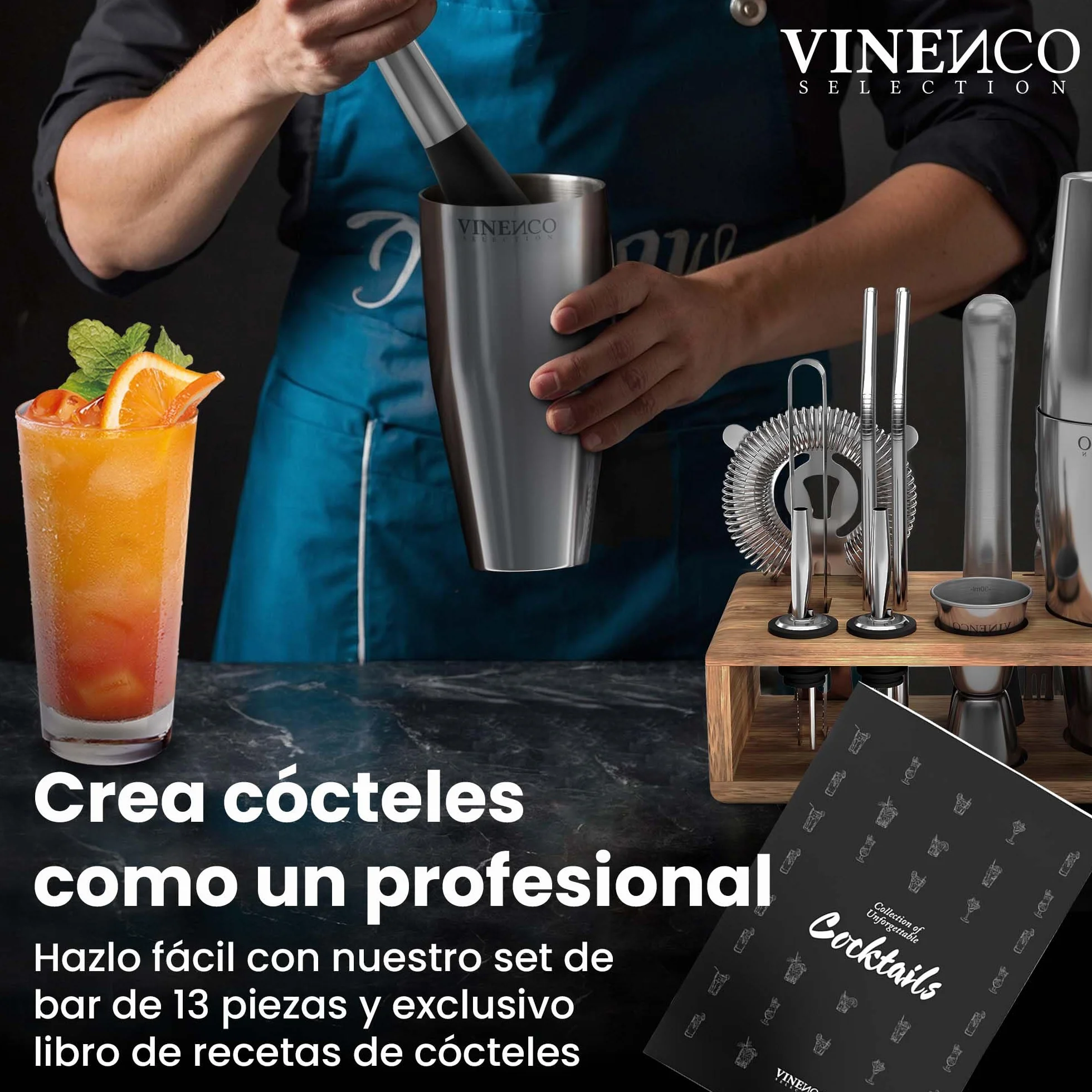 Coctelera Coctéles con Soporte Boston y Accesorios Profesional + Cóctel Recetas: Juego Coctelería de Calidad | Cocktail Shaker Set Fiesta Bar Kit: Martini Gin Tonic Mojito, Caja Regalo Mujer Hombre