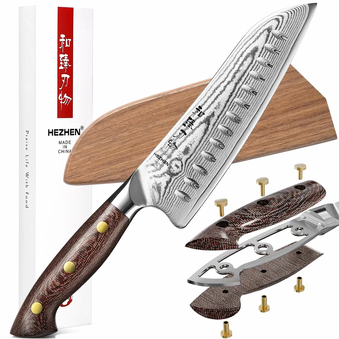 HEZHEN Cuchillo Santoku con Funda de Madera, Cuchillo de Chef Estilo Japonés Cuchillo Gyuto, Hoja de Acero Damasco de Alto Carbono, Full Tang Mango de Micarta