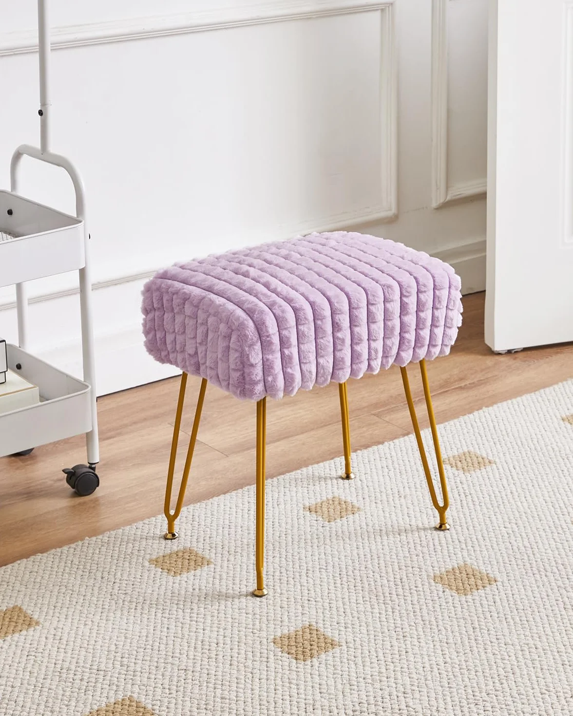 IBUYKE Otomano Rectangular Taburete de Terciopelo con Piernas de Acero Dorado Púrpura