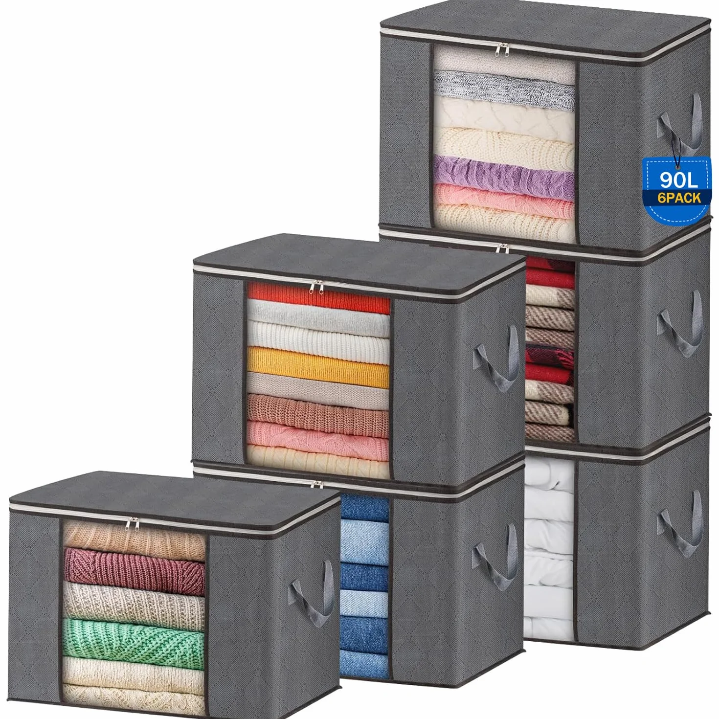 AIOR 6pcs Bolsa de Almacenamiento de Ropa Plegable, 90L Grandes Cajas de Almacenaje Ropa con Cremallera y Mango Reforzado, No-Tejida Organizador Guardar para Edredones Mantas, 60x40x35cm