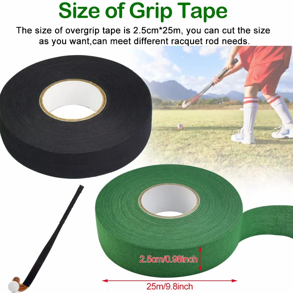 Cinta de Hockey Autoadhesiva 2 Rollos Verde y Negro 2.5cm*25m Antideslizante para Palo de Hockey, Raqueta, Bádminton, Ping Pong