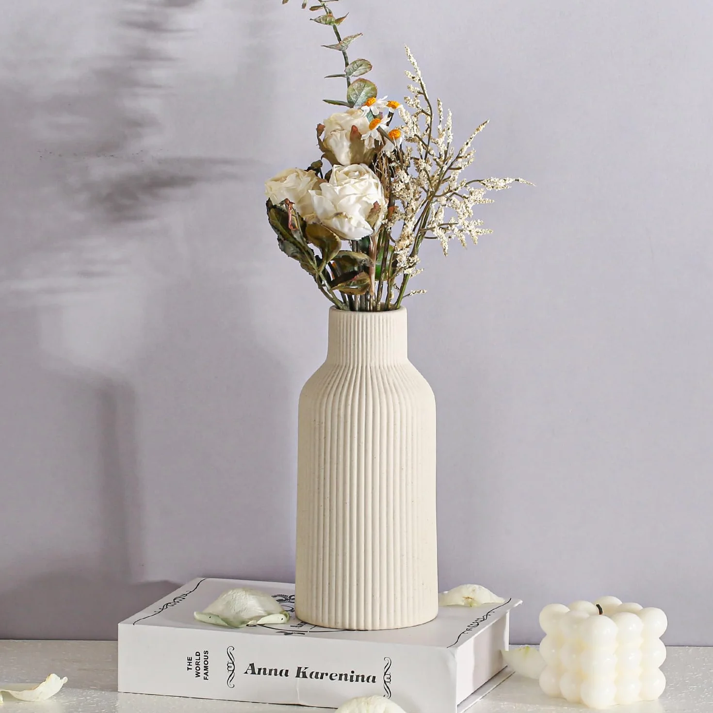 Jarrón para Hierba de Las Pampas, 20 cm, Cerámica Negro Mate, Redondo, Diseño Moderno, Bohemio para Decoración, Flores, Salón, Dormitorio (Beige)